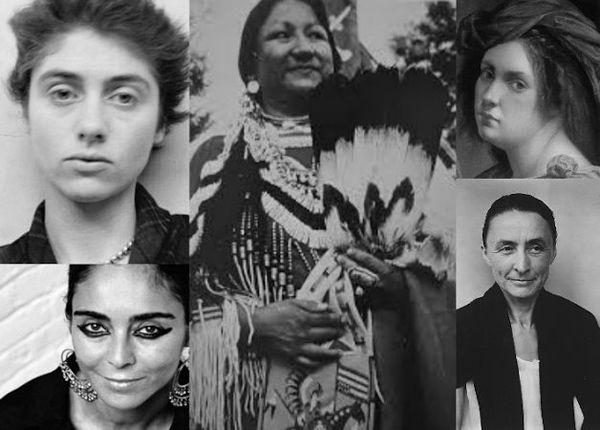 Artists featured in FEMET; clockwise from top left, Diane Arbus, Joyce Growing Thunder Fogarty, Artemisia Gentileschi, Georgia O’Keeffe, and Shirin Neshat.