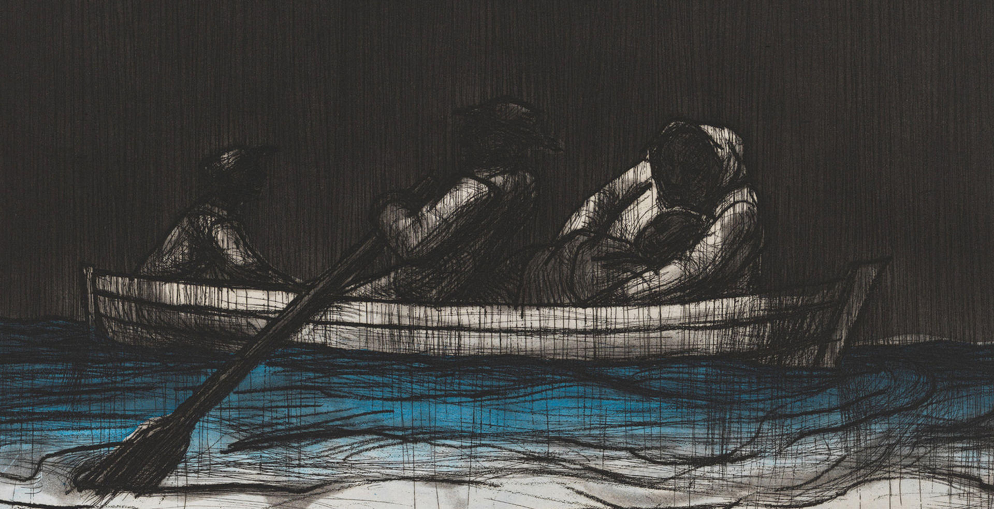 Black shaded drawing of a black boat sailing with threee people.