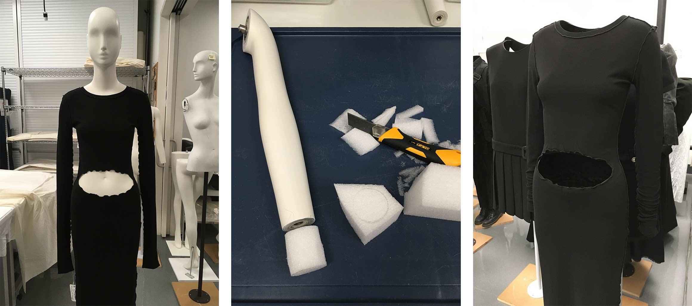 On left: black, Marc Jacobs dress with a large, oval-shaped cutout over the belly button on a white mannequin. At center: white mannequin arm, utility knife, and cut pieces of styrofoam on a work surface. On right: the Marc Jacobs dress on an invisible mount with empty space behind the belly cut-out