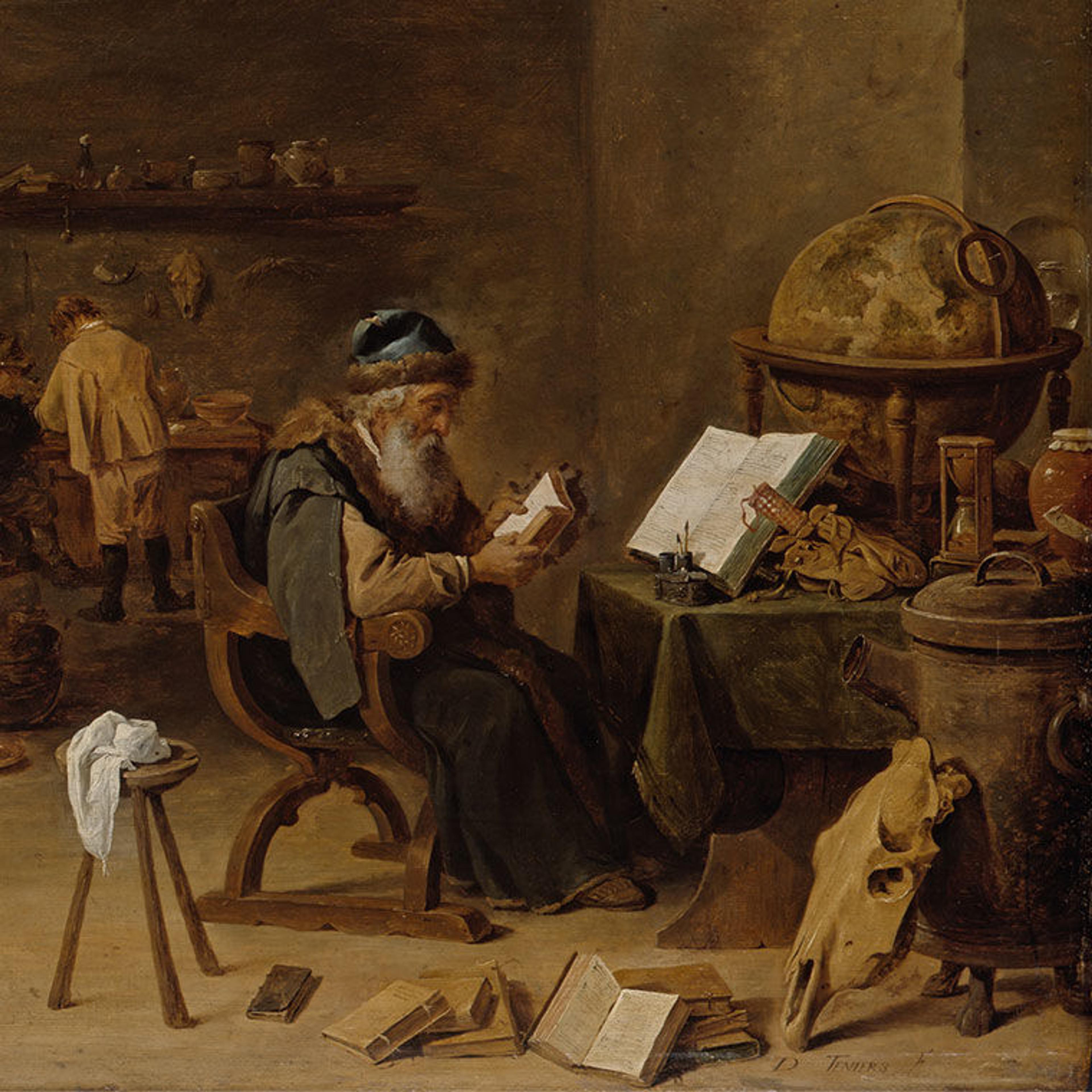 Oil painting of an seated alchemist reading in his workshop with two assistants