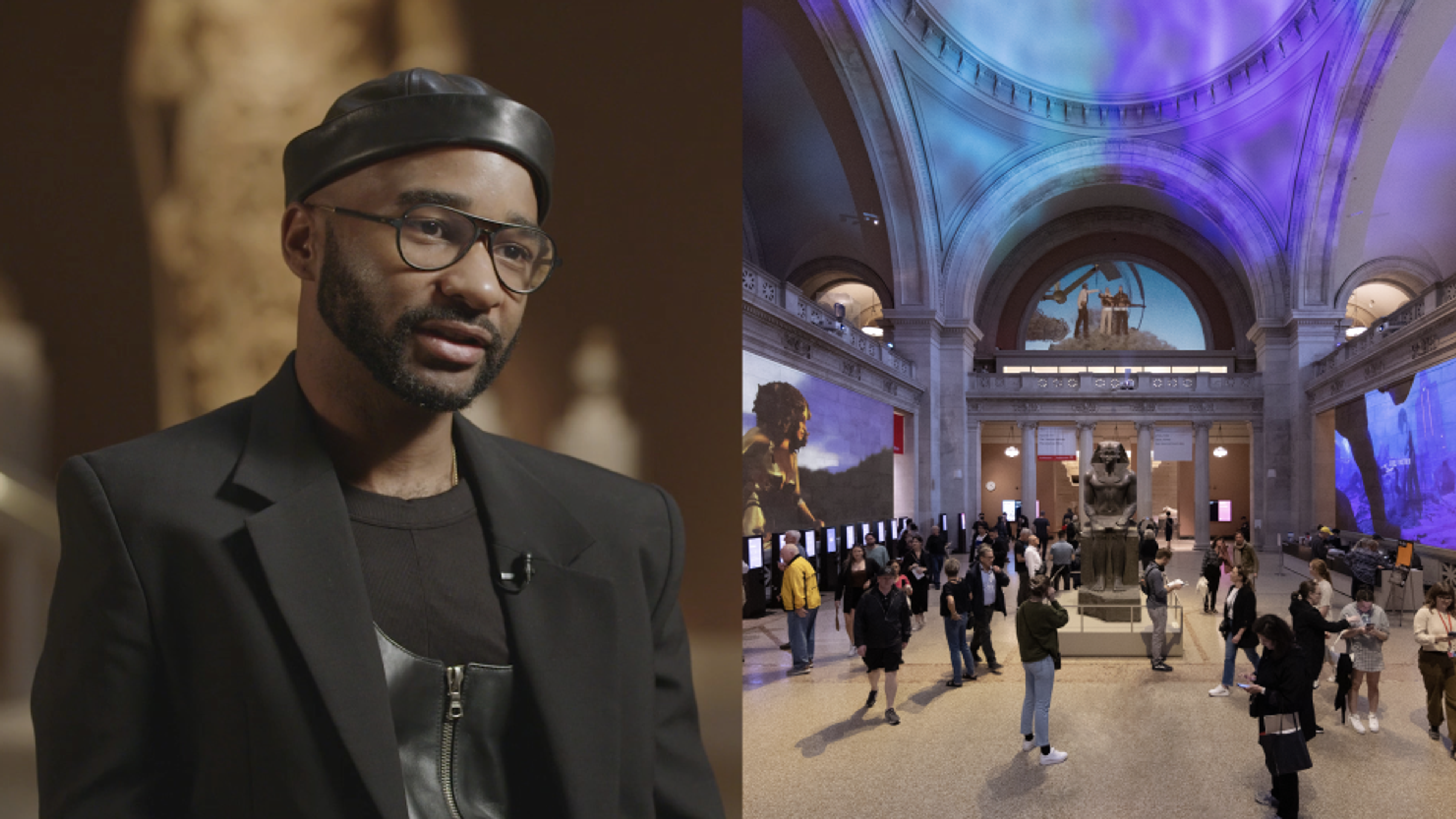 Composite image of black man wearing all black with a b lack hat and glasses, next to the great hall of The Met Museum with the lights lighting the ceiling