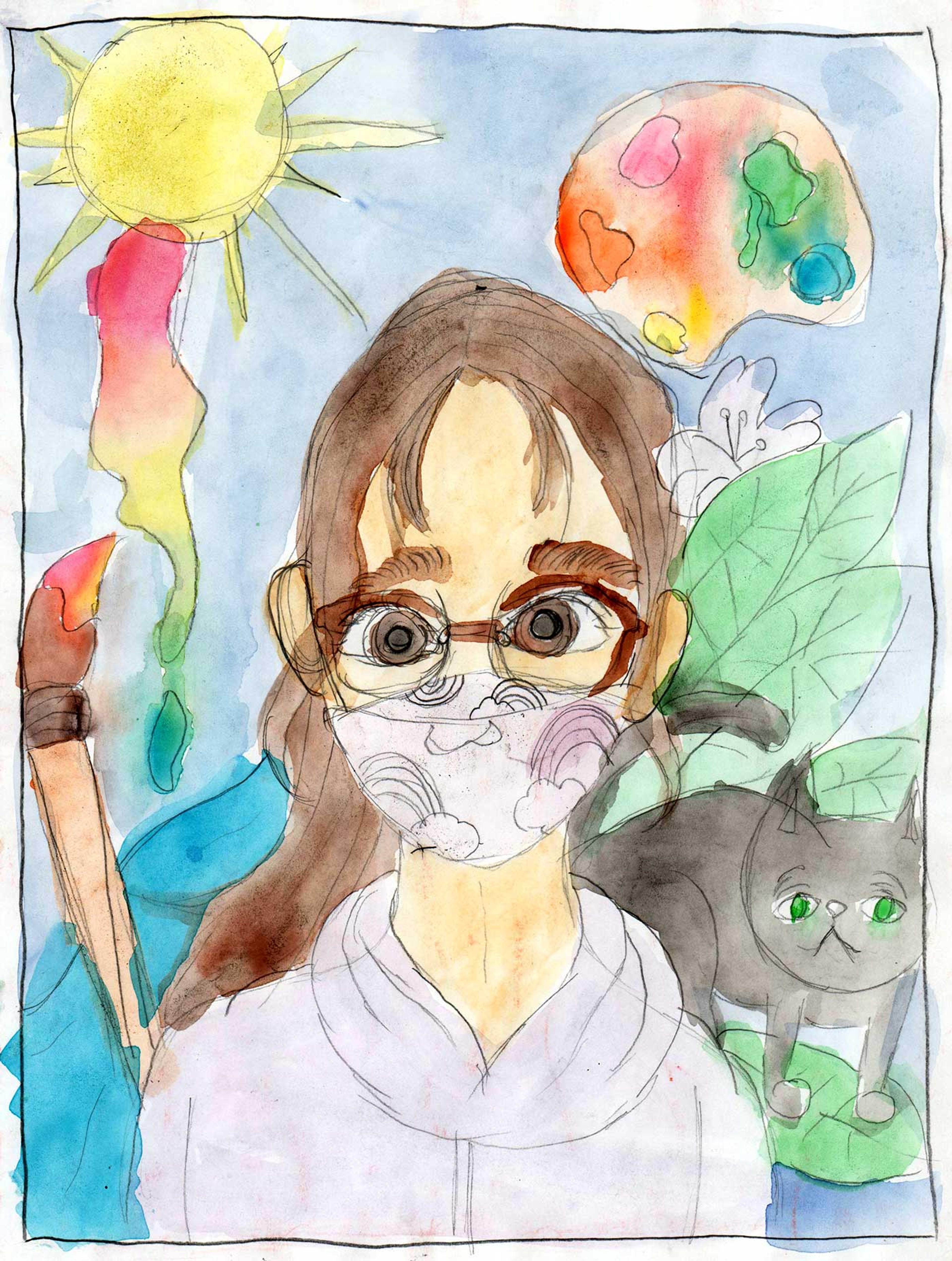 Portrait of a girl wearing a mask in pastel colors.