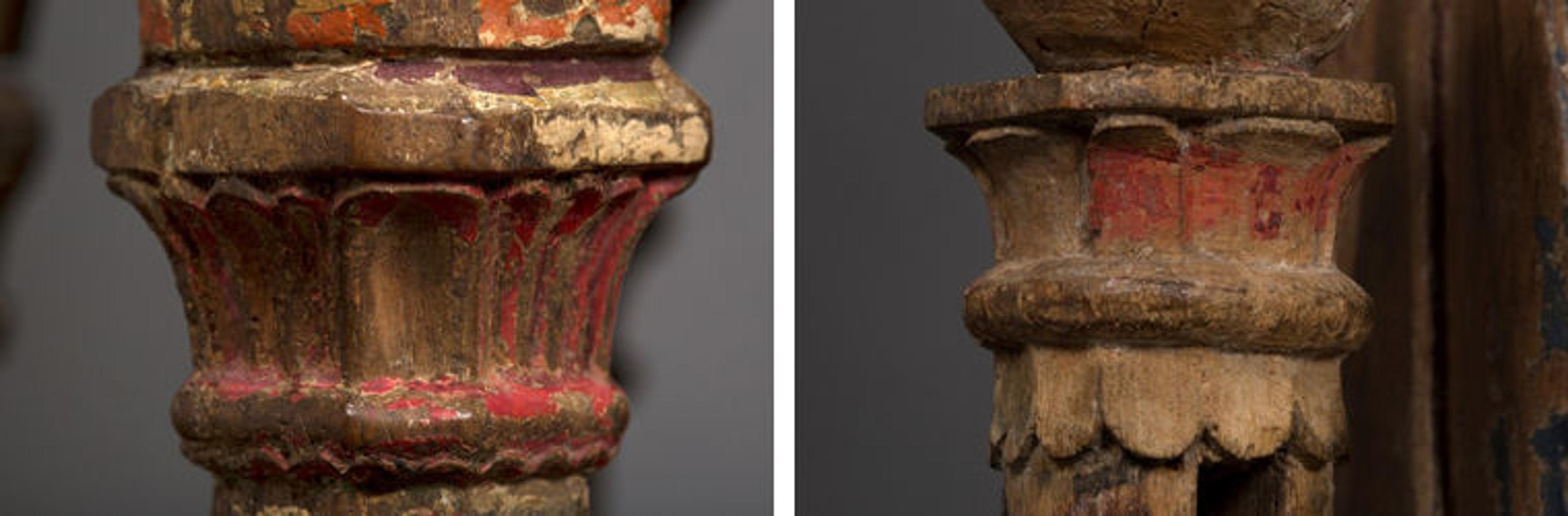 Detail views of two twelfth-century sculptures of the Virgin, here showing close-up views of the capitals that form part of the thrones