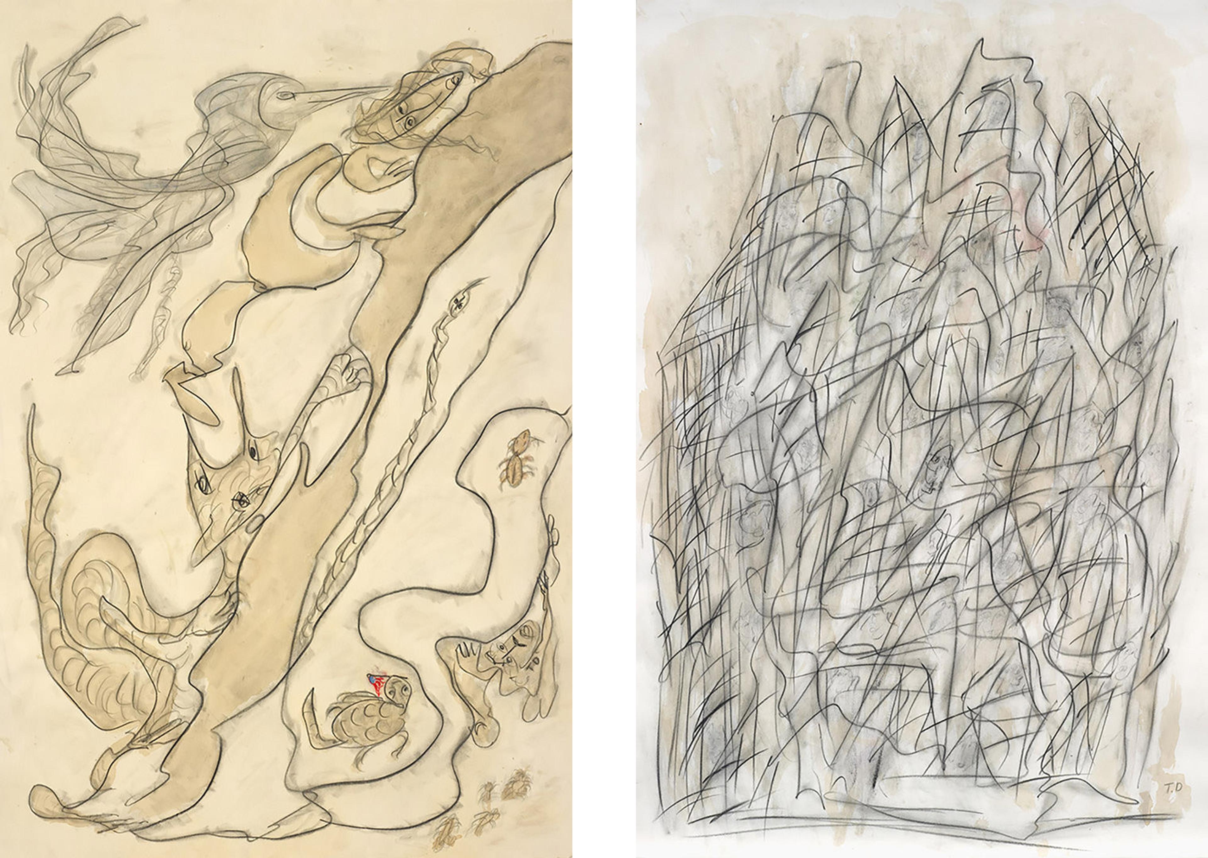 A composite of two graphite, charcoal, coffee and watercolor works on paper.