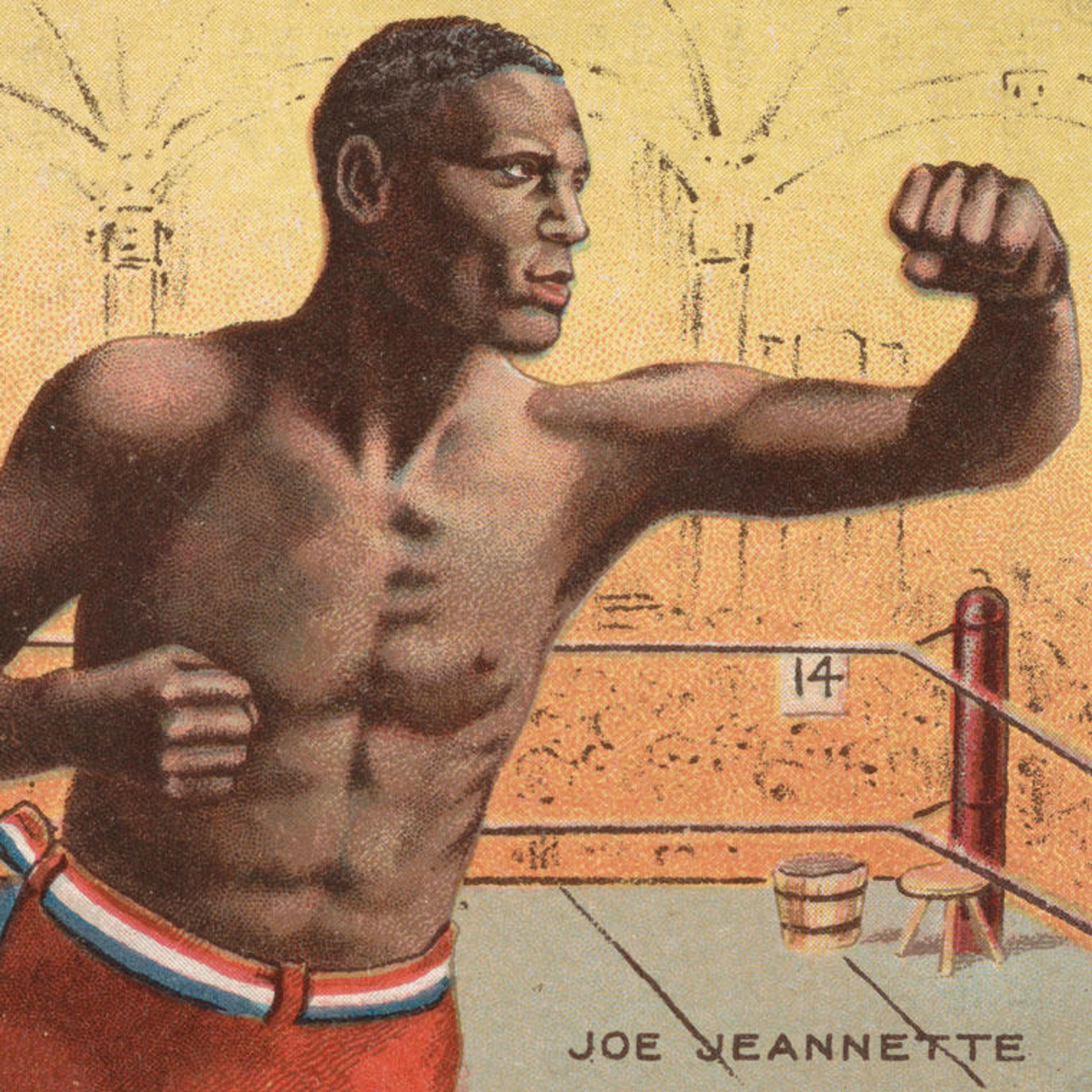 Card showing boxer Joe Jeannette with his left arm raised in an upper cut position