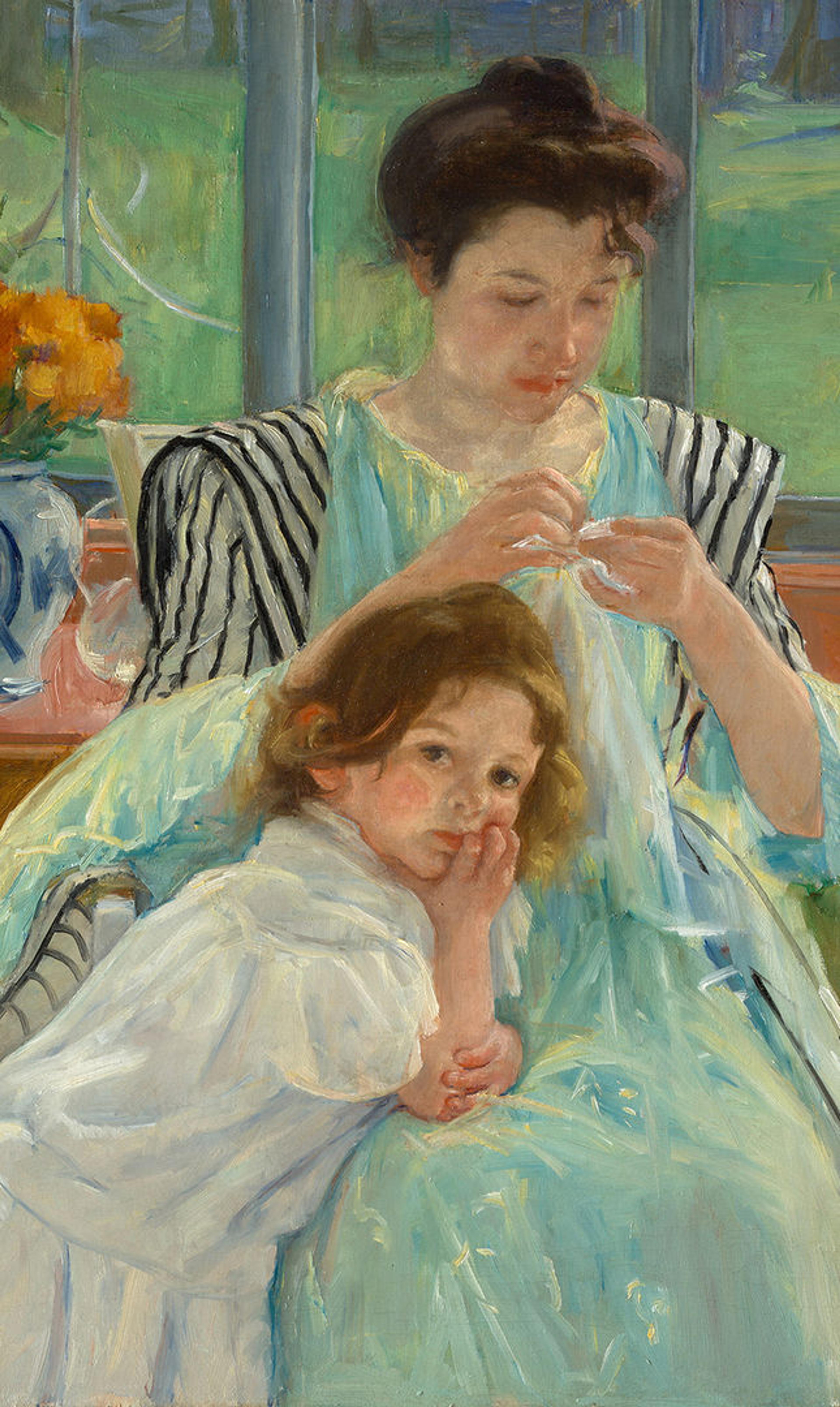 Detail of Mary Cassatt’s painting of a young mother sewing with a child resting on her lap; the room has a vase of vibrant flowers and a bay of windows overlooking a bright green wooded area.