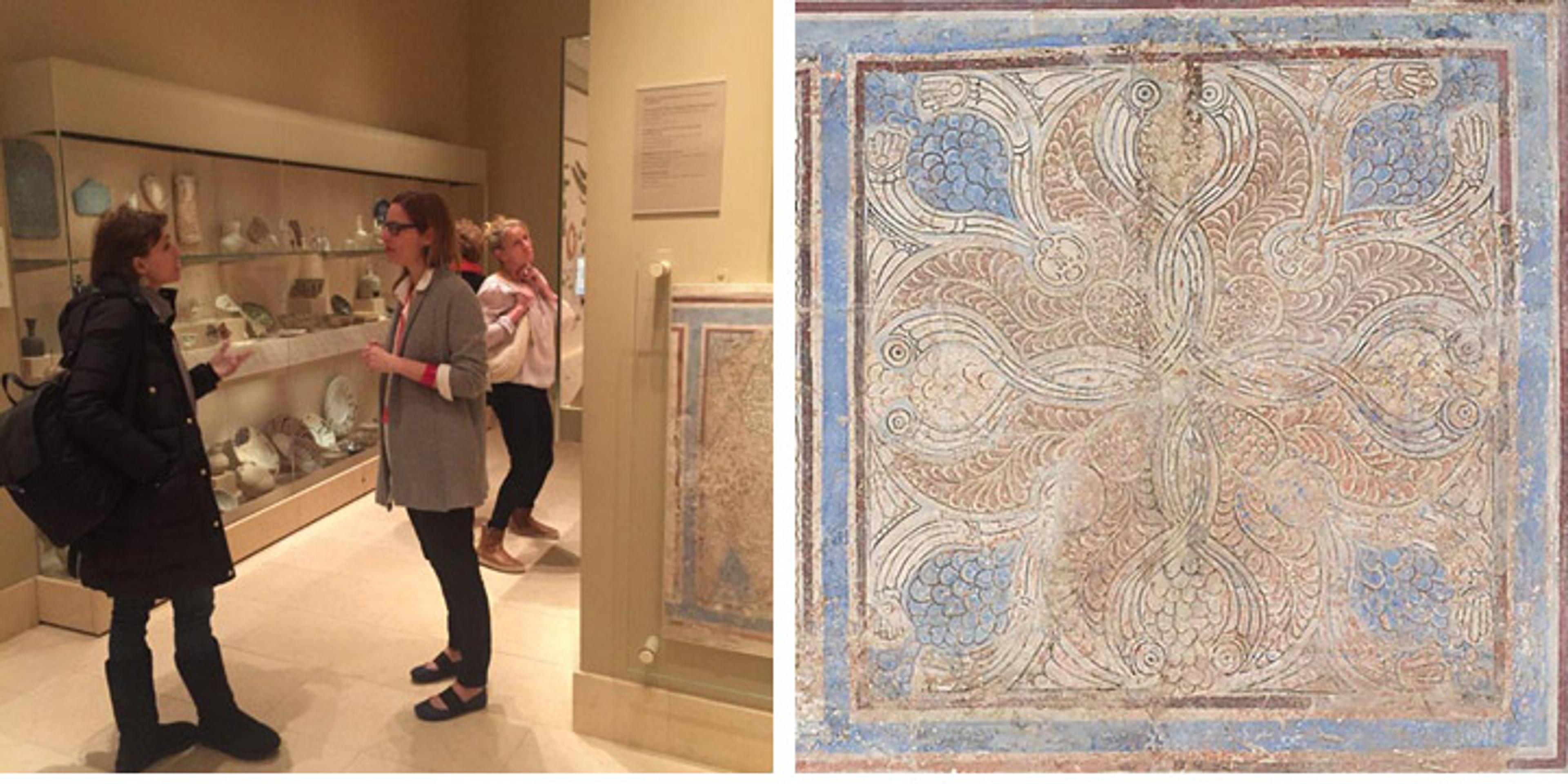 Curator discussing painted dado panel from Iran with visitor; image of painted panel 