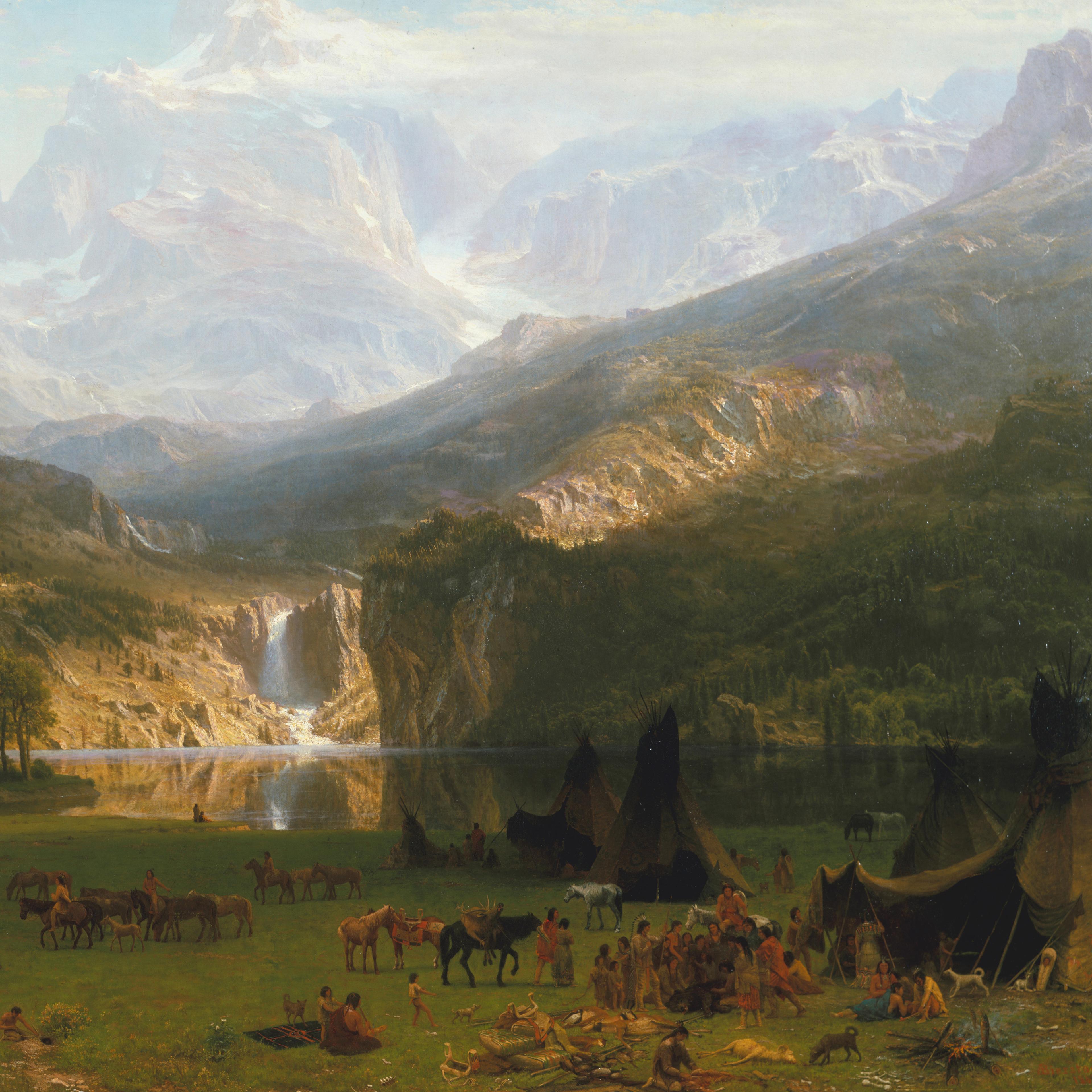 A painting of a landscape with mountains and a waterfall, and Native Americans camped in the foreground