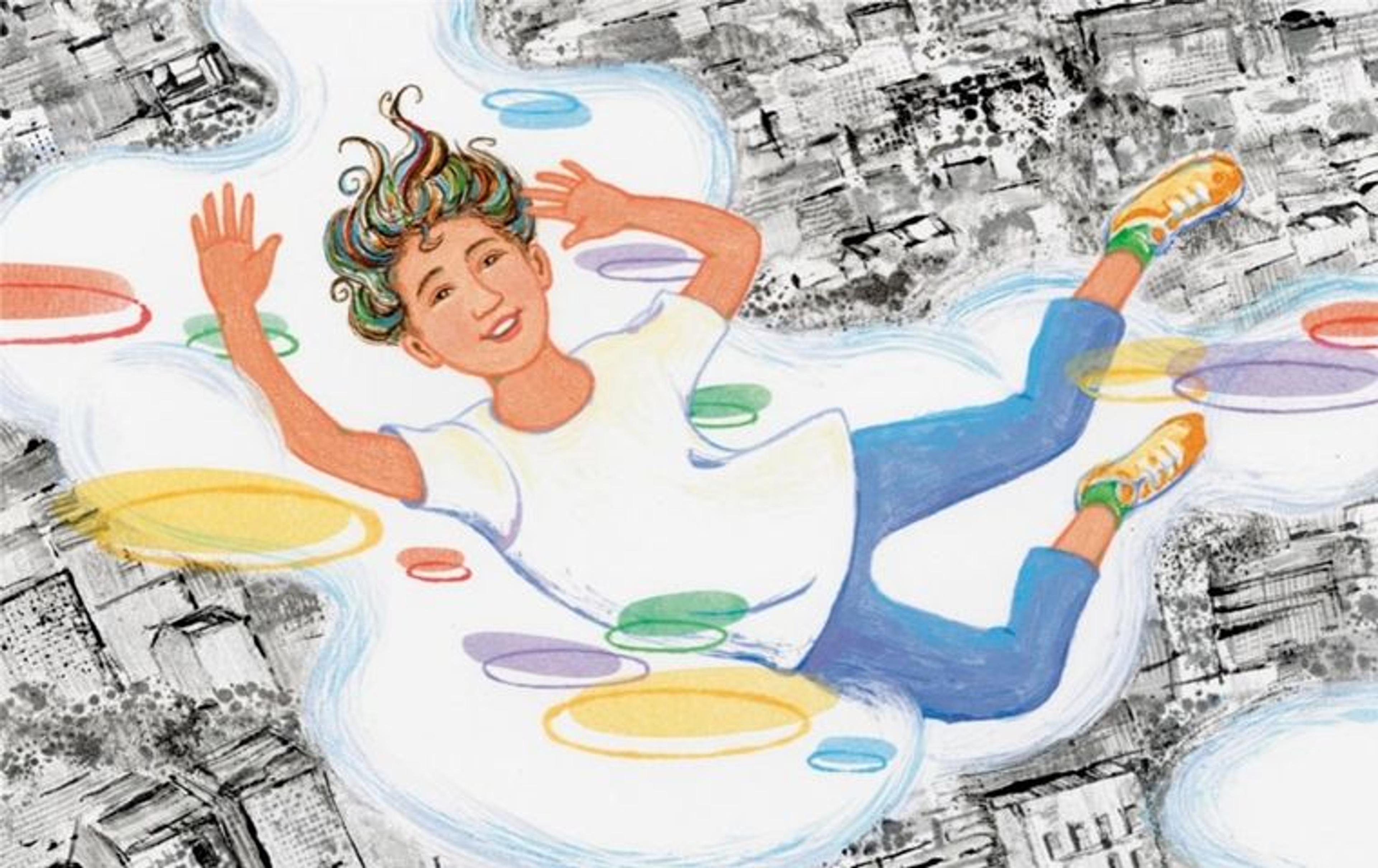 Detail of an illustration of a young girl in a white shirt and blue pants flying through the sky in a horizontal position. Beside her are clouds and various multi-colored oval shapes and in the distance is a black-and-white cityscape seen from above.