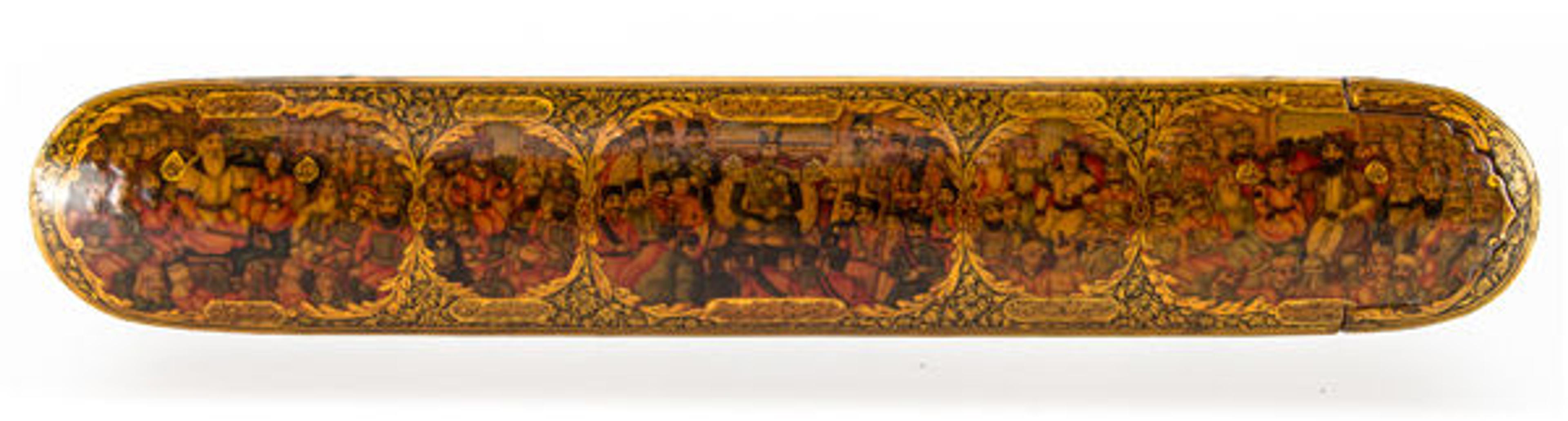 Lacquer pen box with royal audience scenes, ca. 1870–90. Iran. Islamic. Papier-mache; painted and lacquered; H. 1 9/16 in. (4 cm), W. 9 1/16 in. (23 cm), D. 1 1/4 in. (3.3 cm). The Metropolitan Museum of Art, New York, Purchase, Goldman Sachs Gift, 2014 (2014.258)