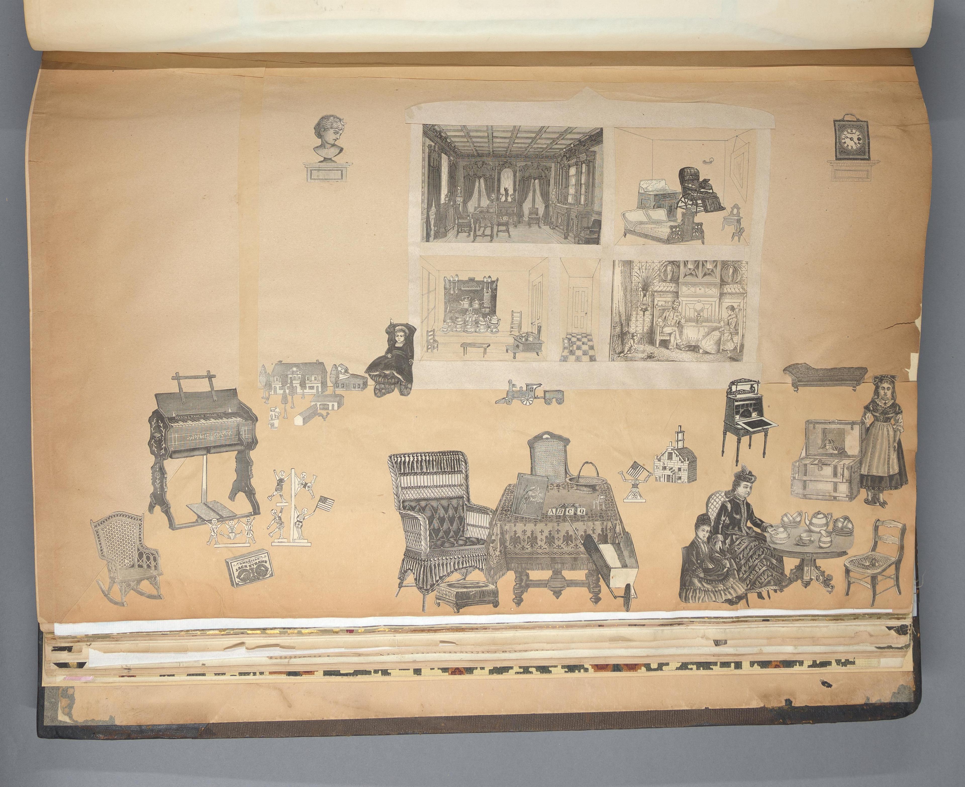 Furniture and dolls arranged as a child's playroom.