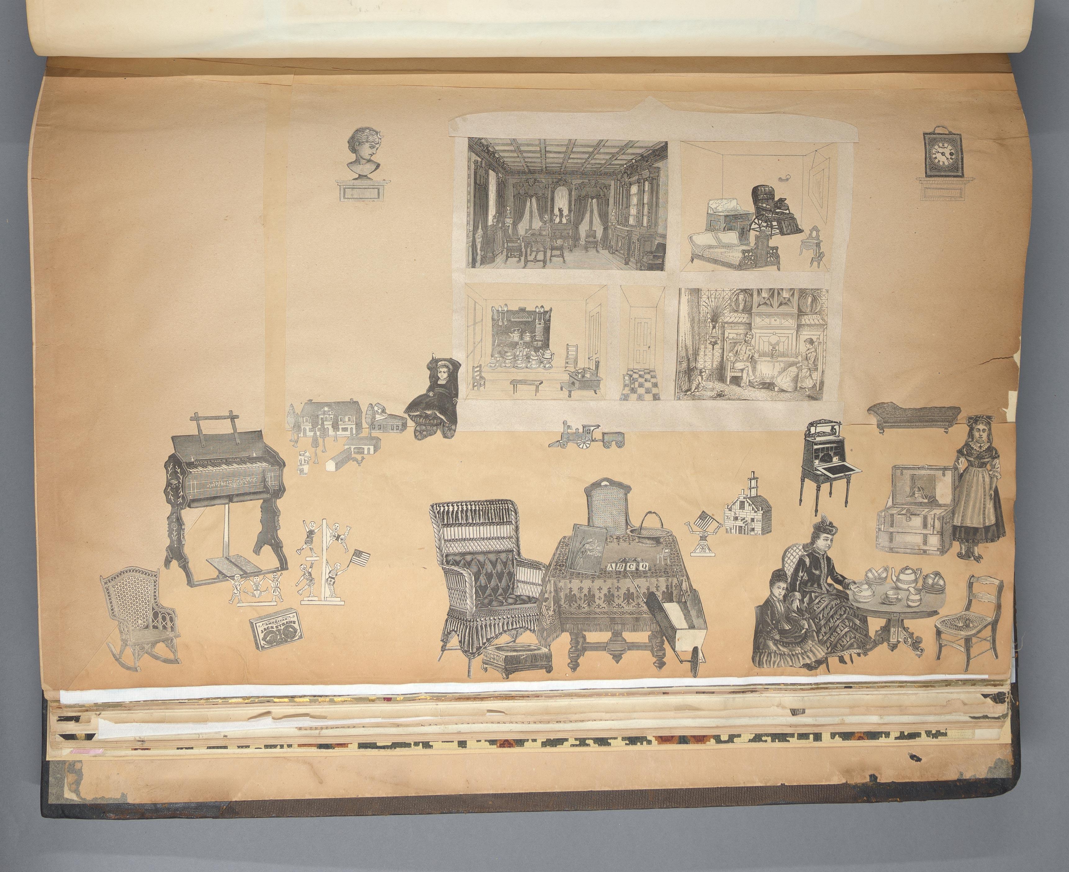 Furniture and dolls arranged as a child's playroom.