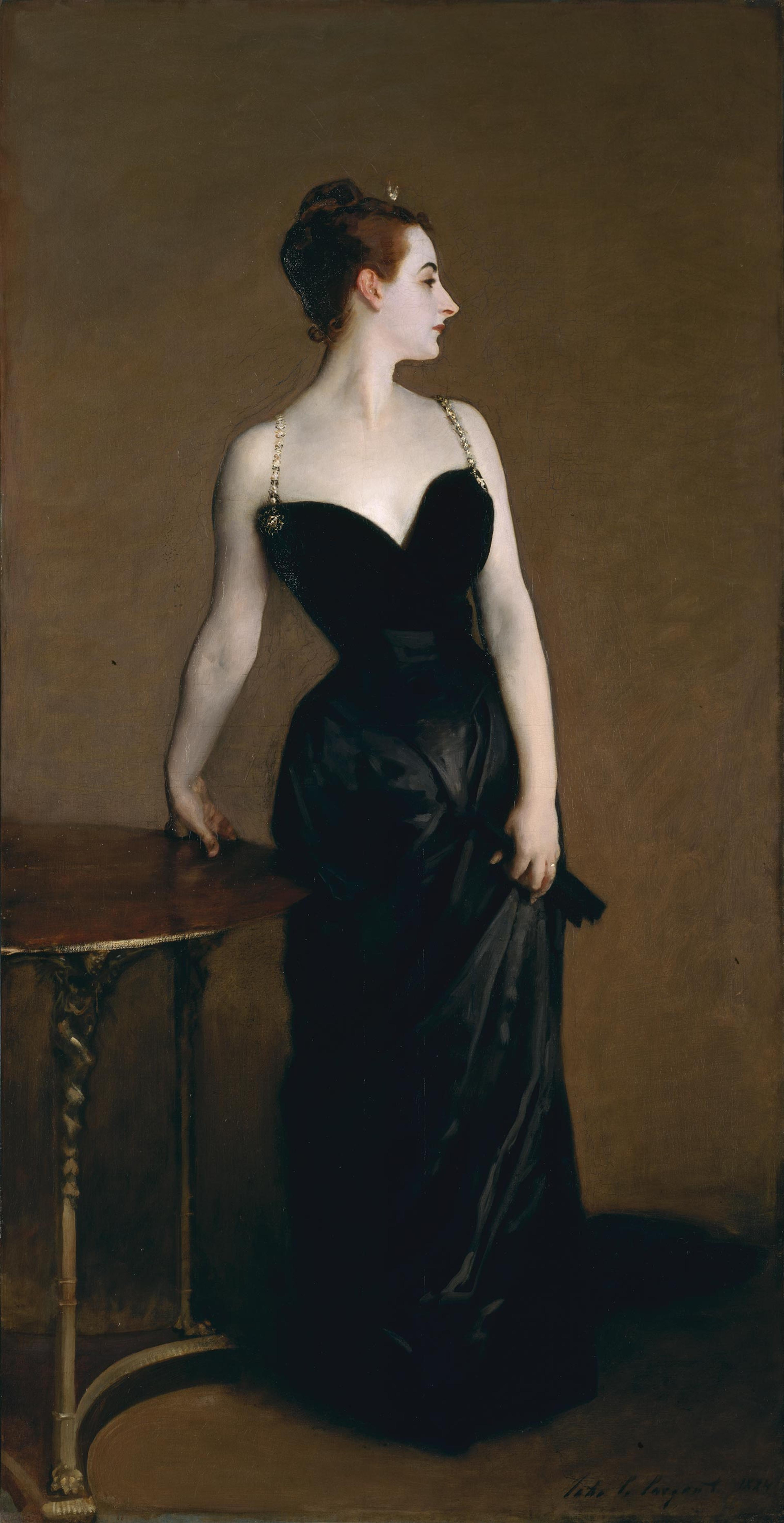 Painting of a woman in a low-cut black dress looking off to the side.