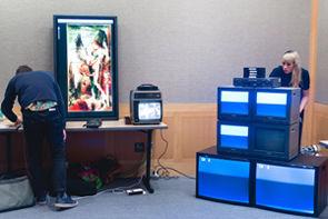 Setup for FEMET required a careful networking of archival televisions through a distribution amplifier