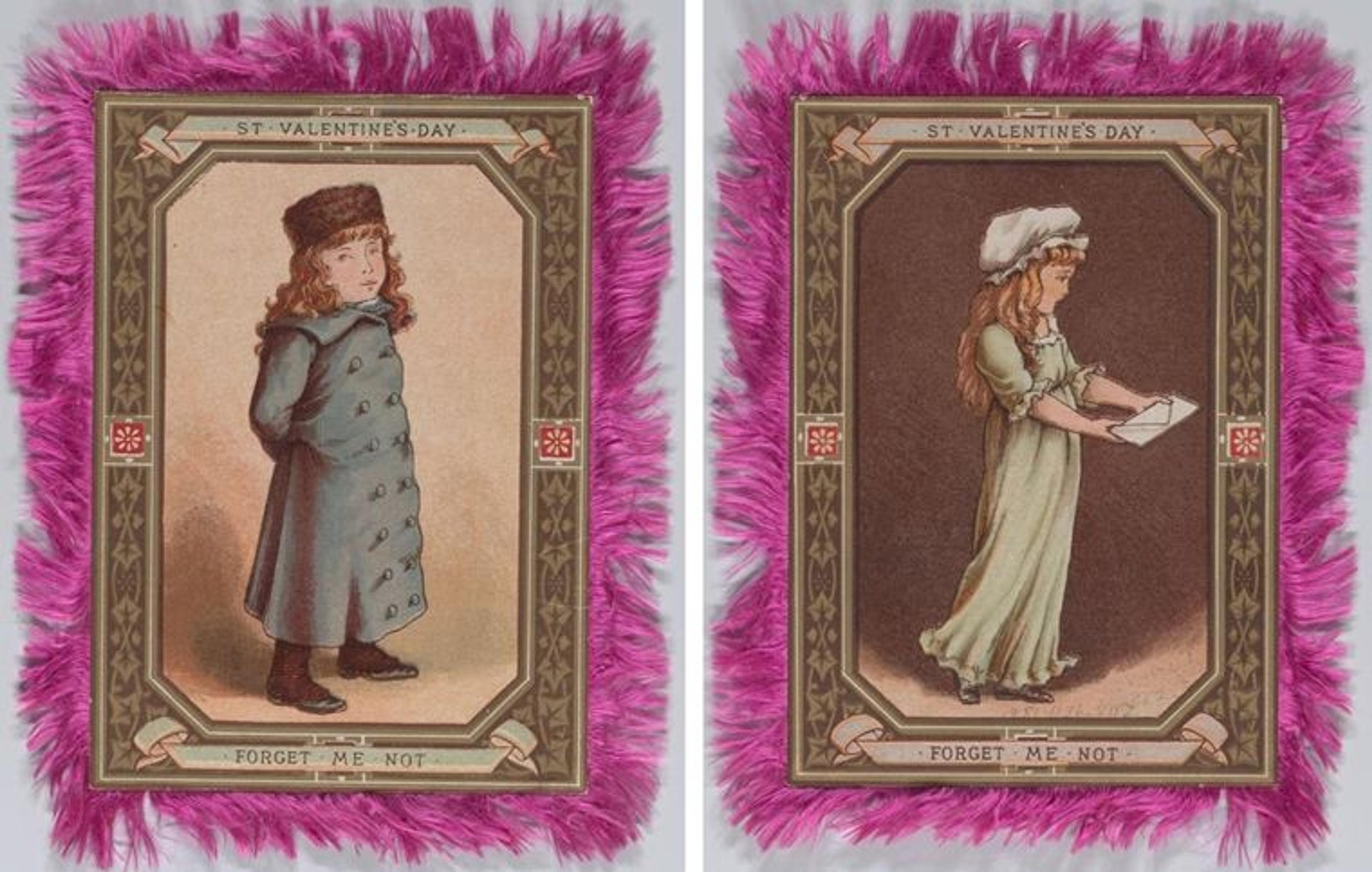 Two Kate Greenaway valentines depicting children receiving a card. Around the border is magenta silk fringe and the text "St. Valentine's Day | Forget Me Not"