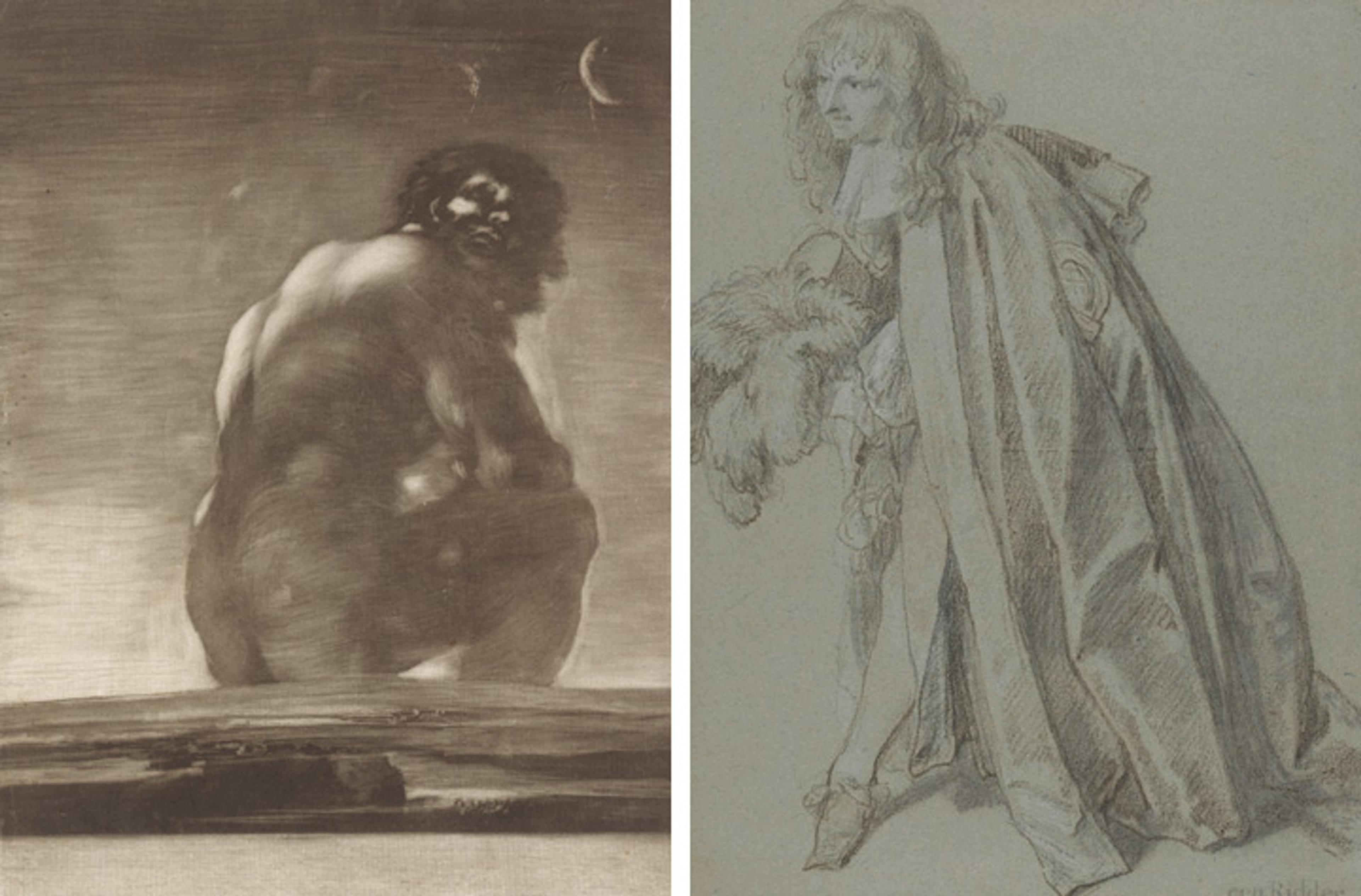 On the left, a Goya aquatint depicting a mythical giant looking over his shoulder; on the right, a chalk and pastel drawing of a 17th-century knight in formal dress