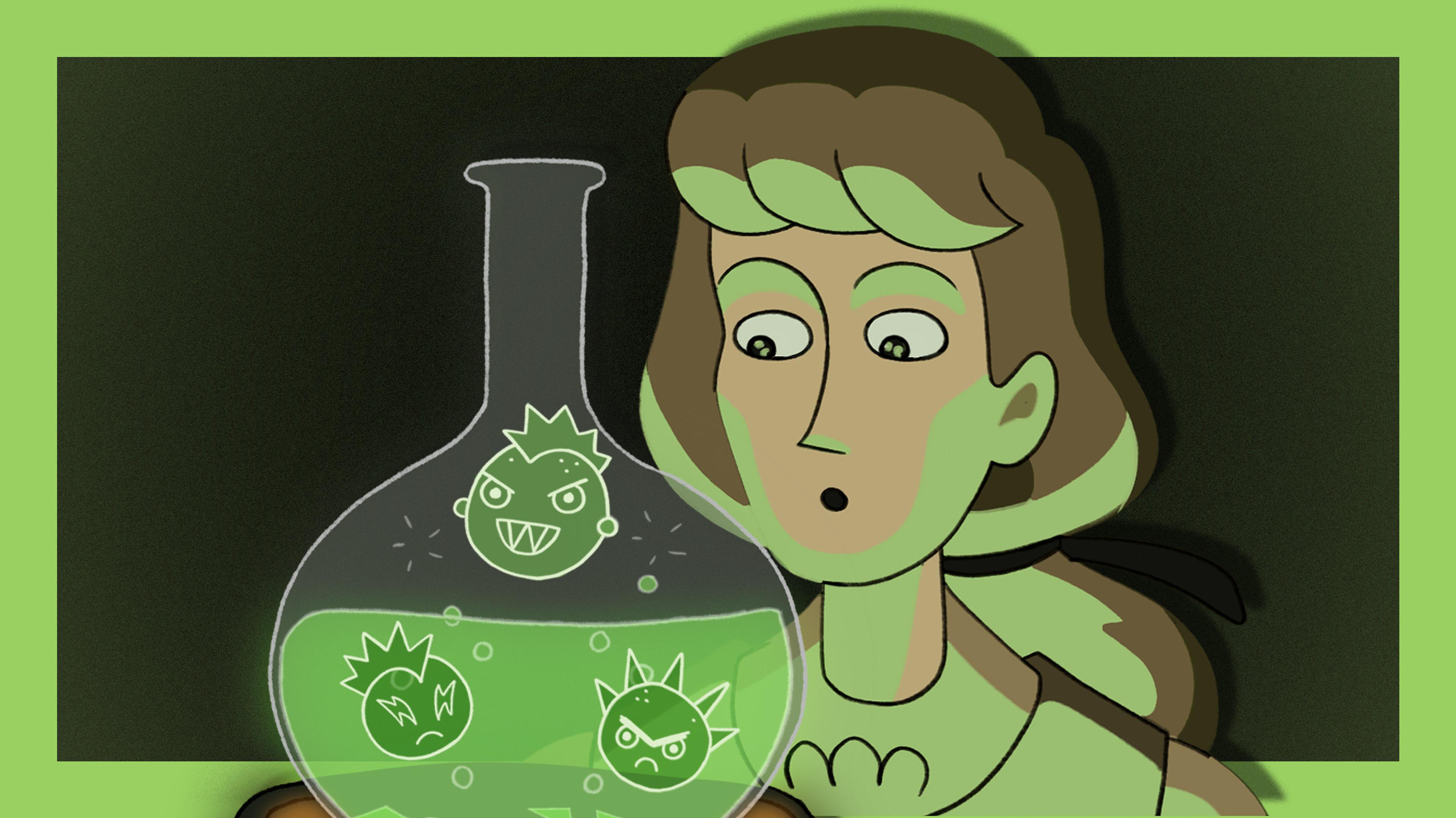 A person stares into a chemical flask filled with a green liquid and three angry monsters.