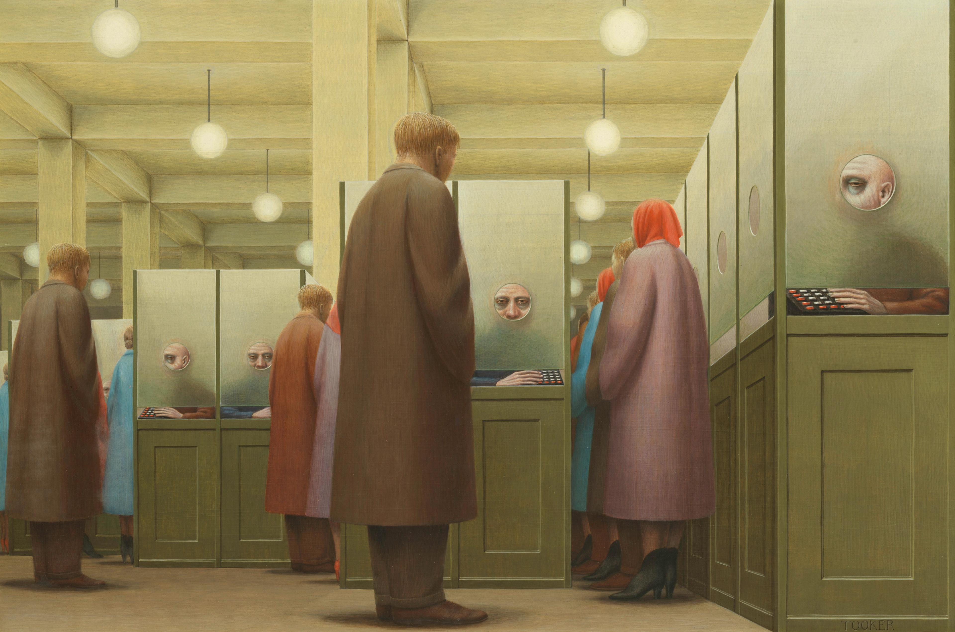 Painting of people in long coats standing in rows at partitioned booths, where only the faces and hands of the seated attendants are visible through small circular openings.