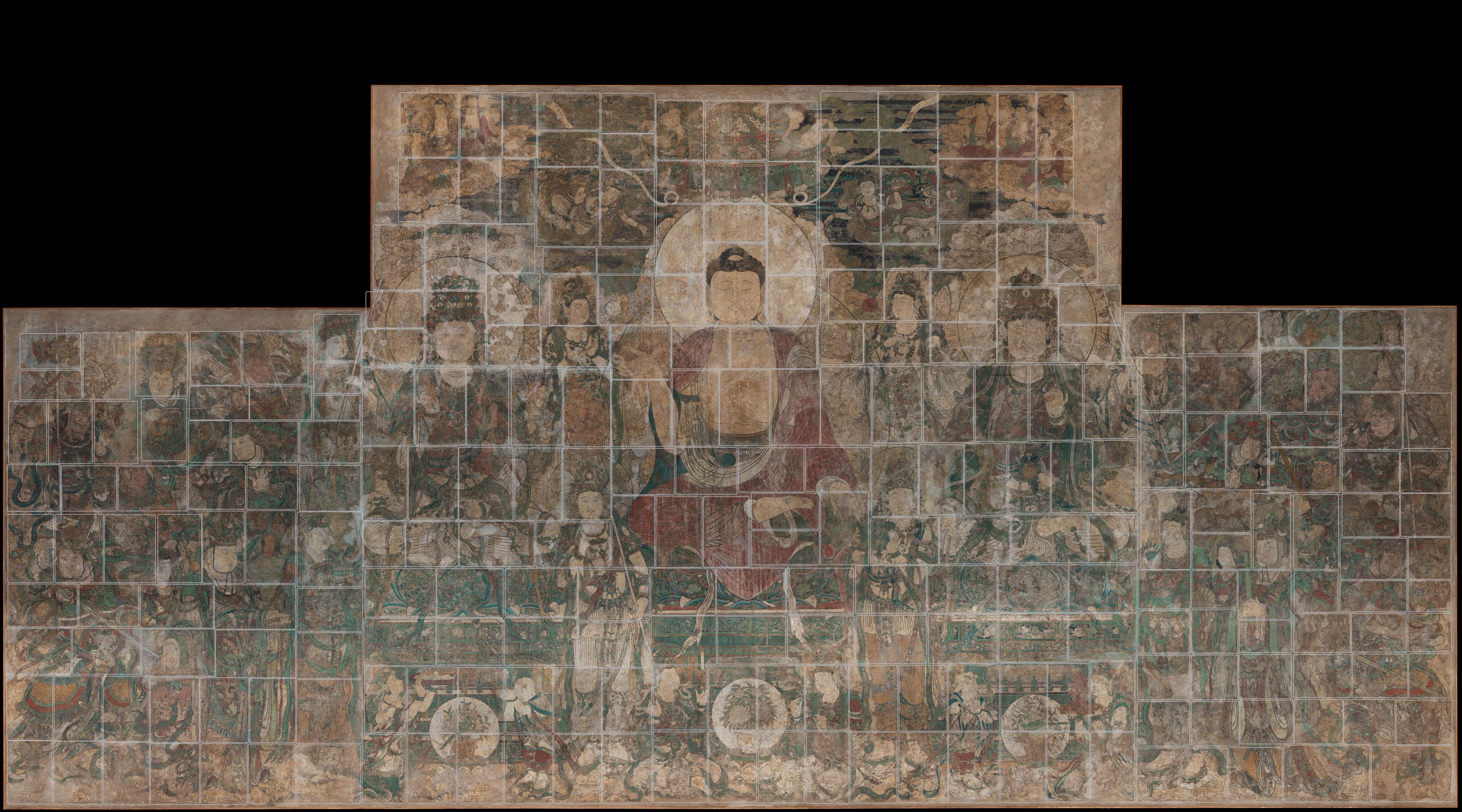 Buddha painting overlaid with grid showing outlines of fragment pieces.