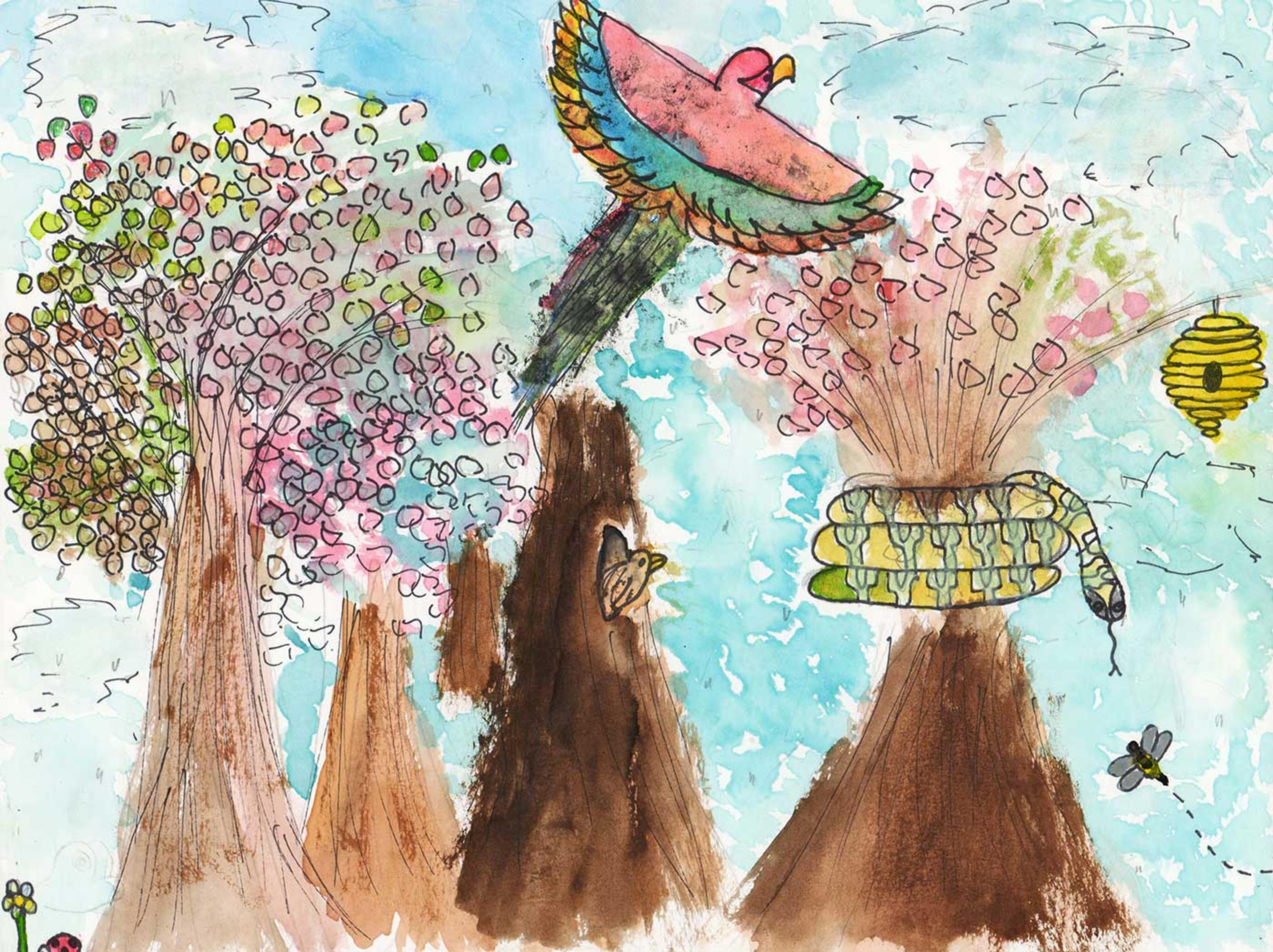 Watercolor of a red, blue, and orange parrot flying over trees with a snake and a beehive in the trees.