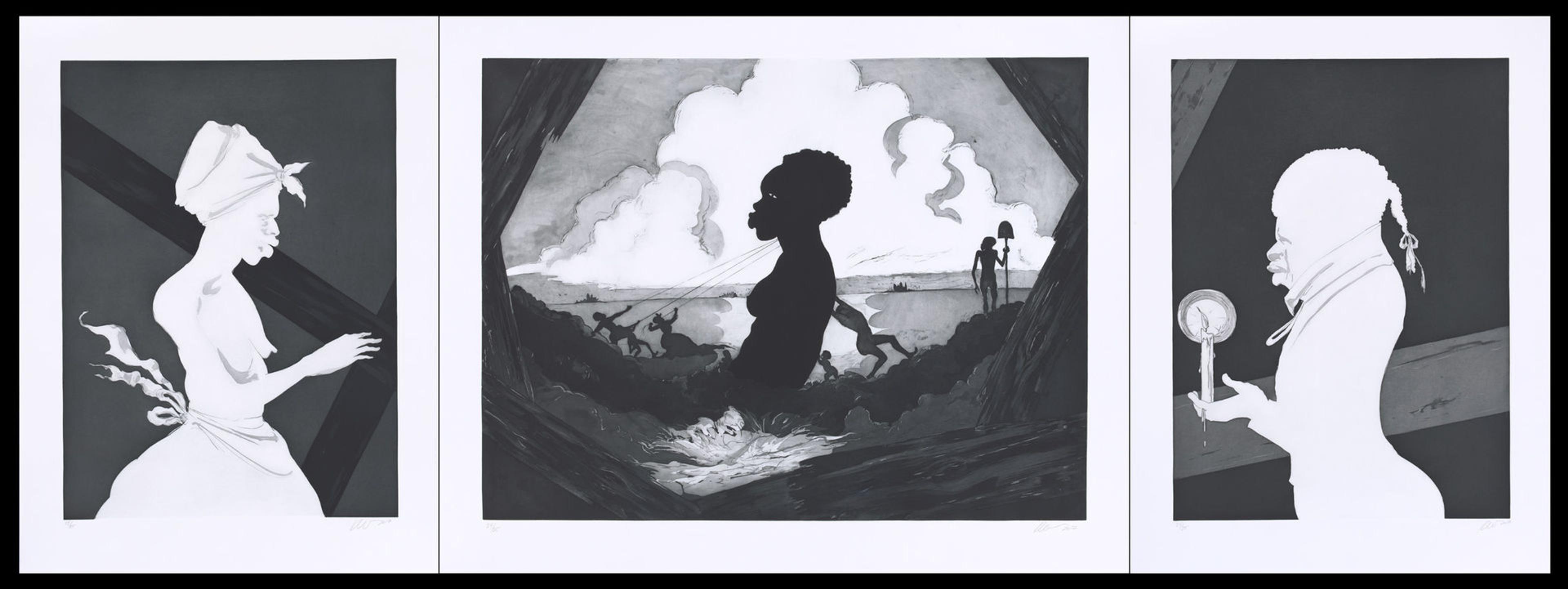 A paper triptych by Kara Walker showing the erection of a large statue of a woman (center) between profile portraits of a woman (left) and man (right)
