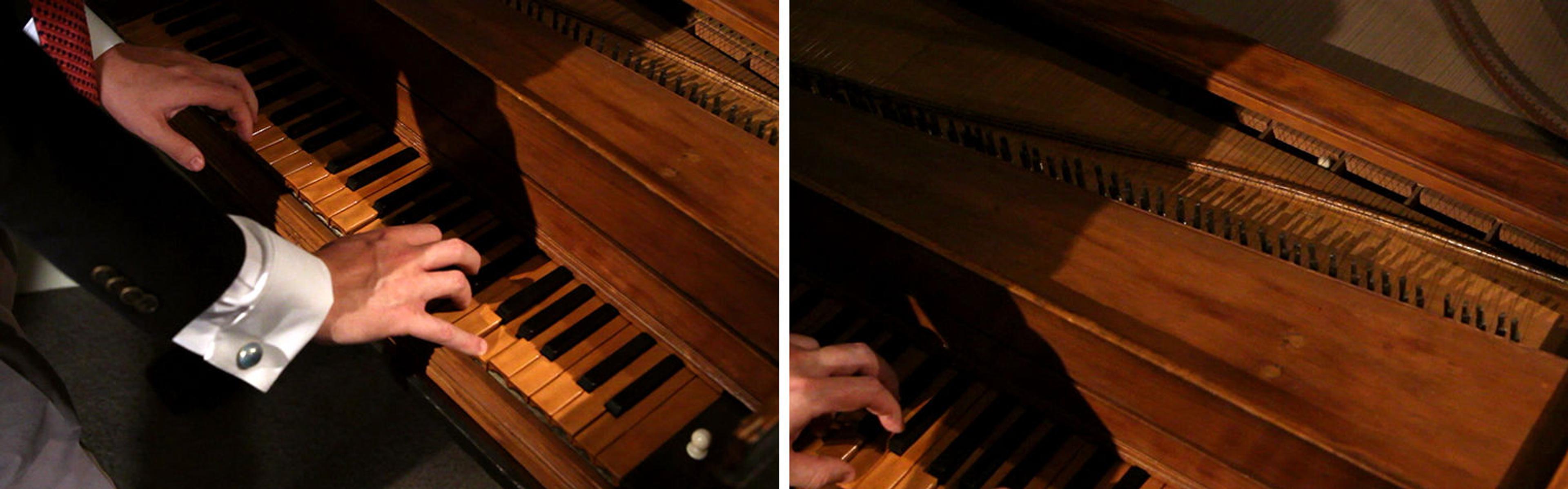 Left: a picture of a man's hands playing the keys of the world's oldest piano by Bartolomeo Cristofori. Right: a closer view of a hammer hitting the strings inside the piano.