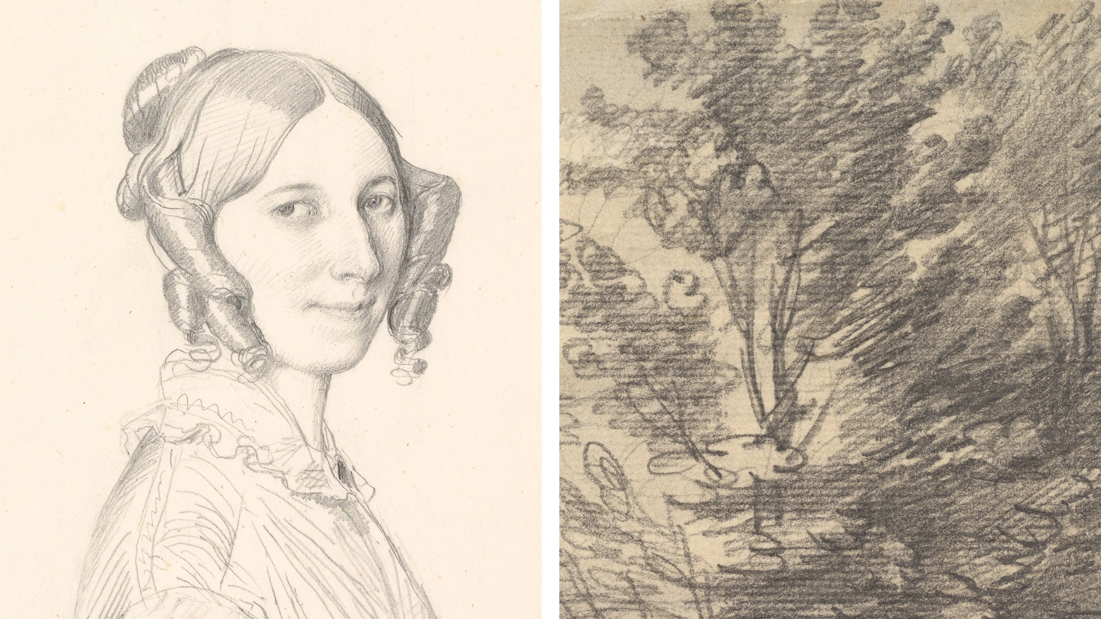 Left: a pencil sketch of a bonneted woman's head. Right: a pencil sketch of a wild grove of trees on textured paper.