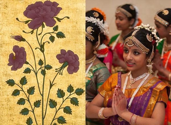Left: Folio from a Manuscript of Jaswant Singh of Jodhpur’s Siddantha-sara, Siddantha-bodha, and Aporaksha-siddantha (detail), 1669; India, Deccan, Aurangabad; ink, opaque watercolor, and gold on paper; Private Collection, London. Right: Nritya Saagaram Dance Academy of New York dancers, Director: Satya Pradeep. Photograph by Don Pollard