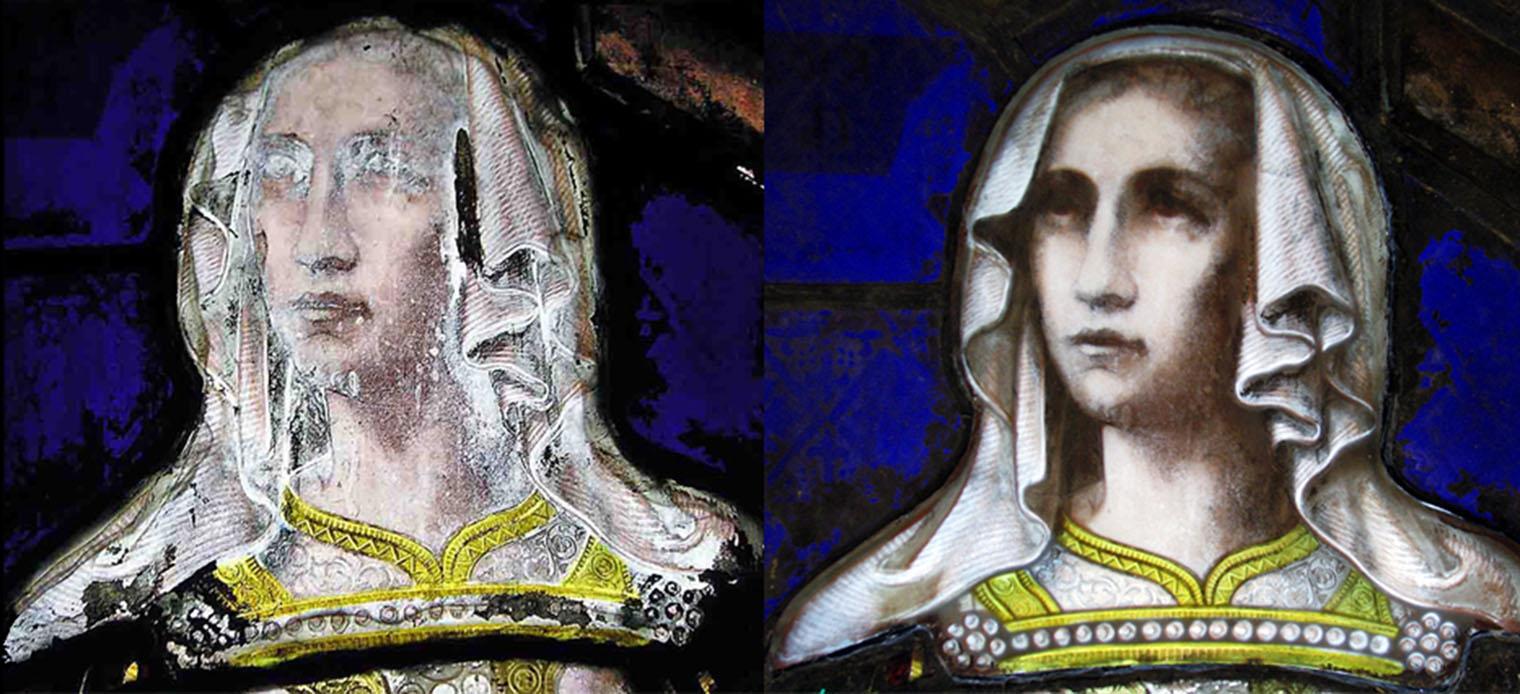 The face of "Faith" before and after conservation treatment.