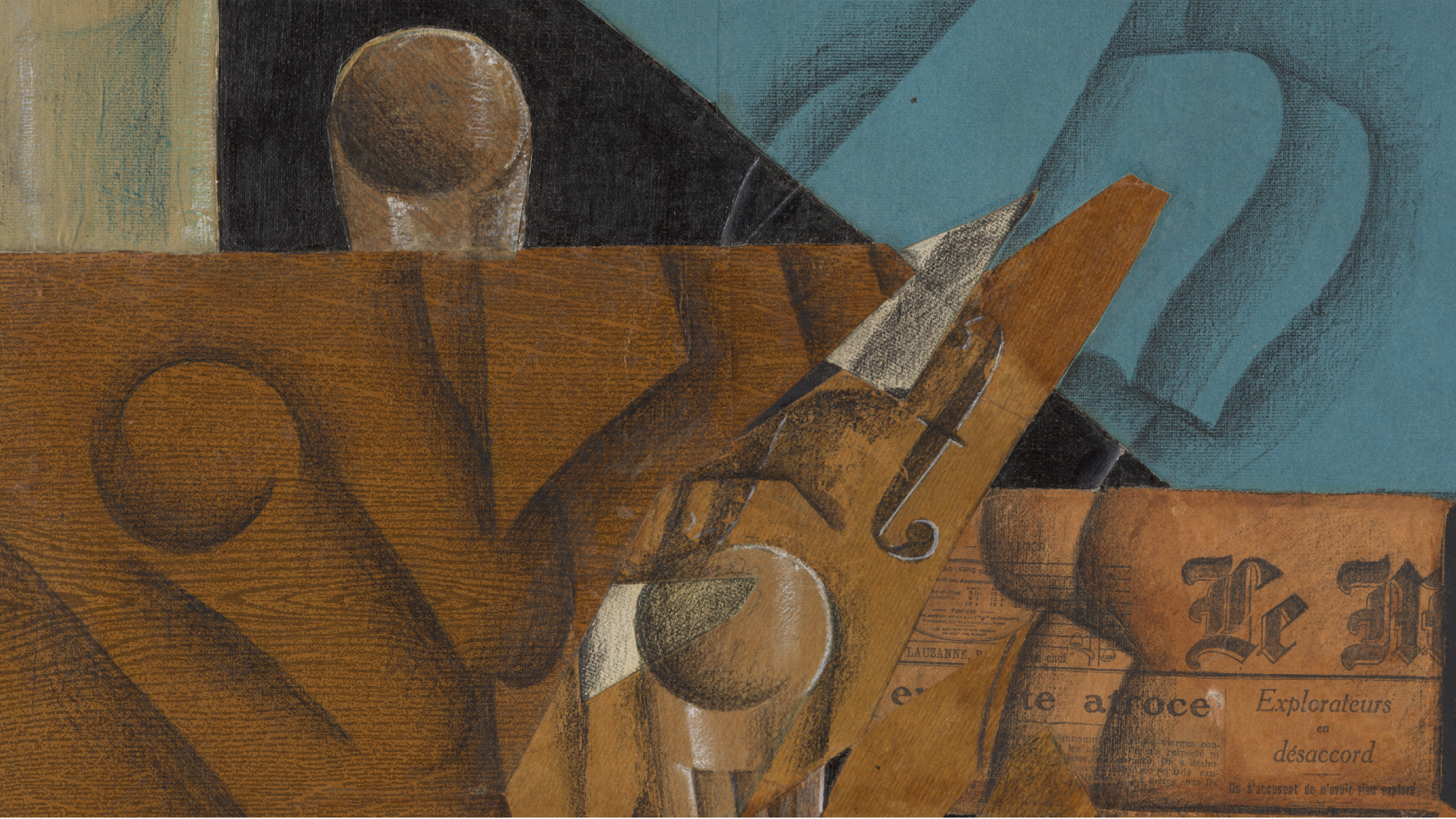 Cubist artwork featuring abstract shapes, wood textures, and newspaper snippets on a teal background. The composition includes geometric forms and angles, with a violin scroll amidst collage elements.