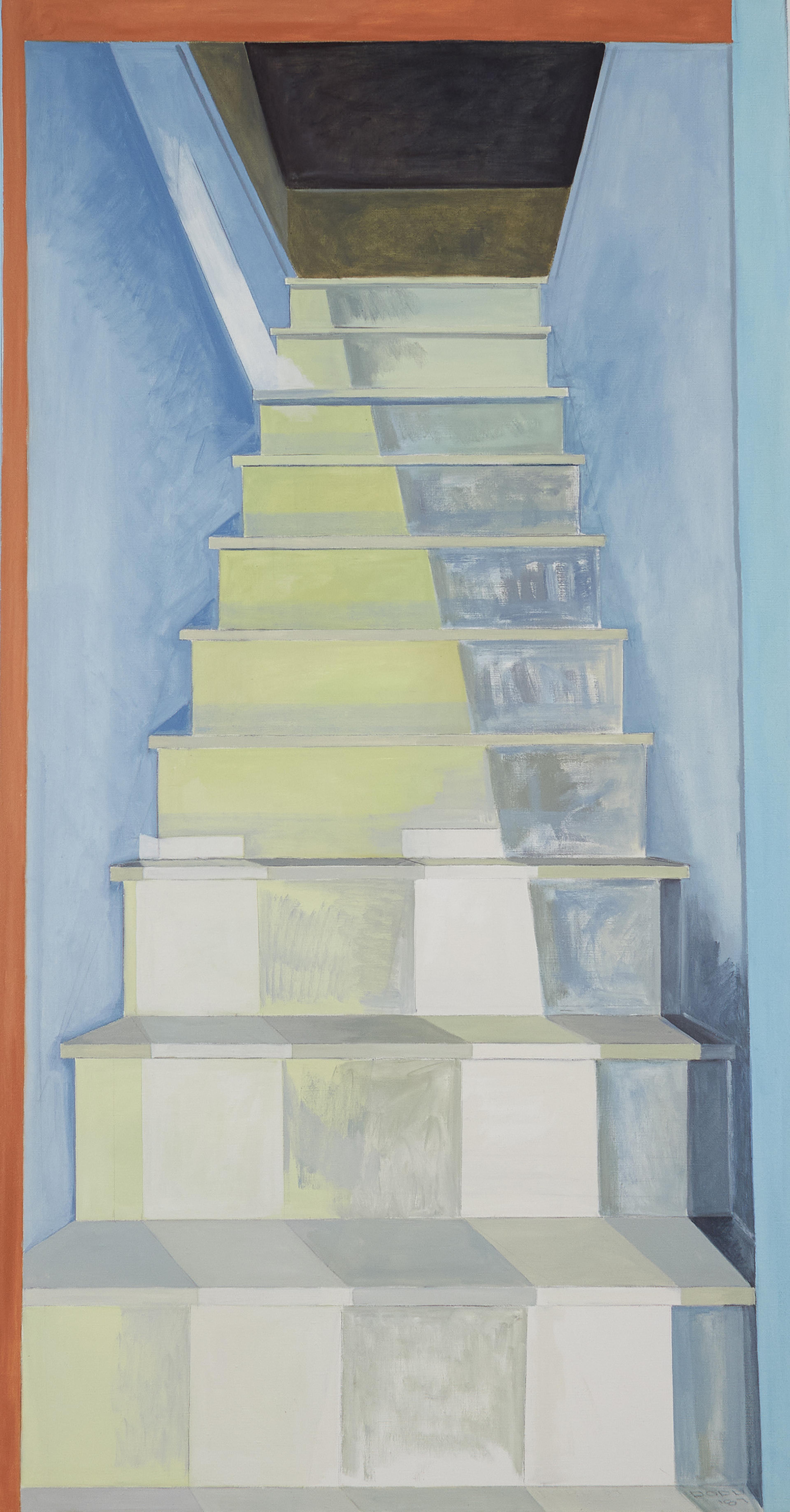 Painting of a staircase with geometric shapes in pastel shades of yellow, blue, and gray.