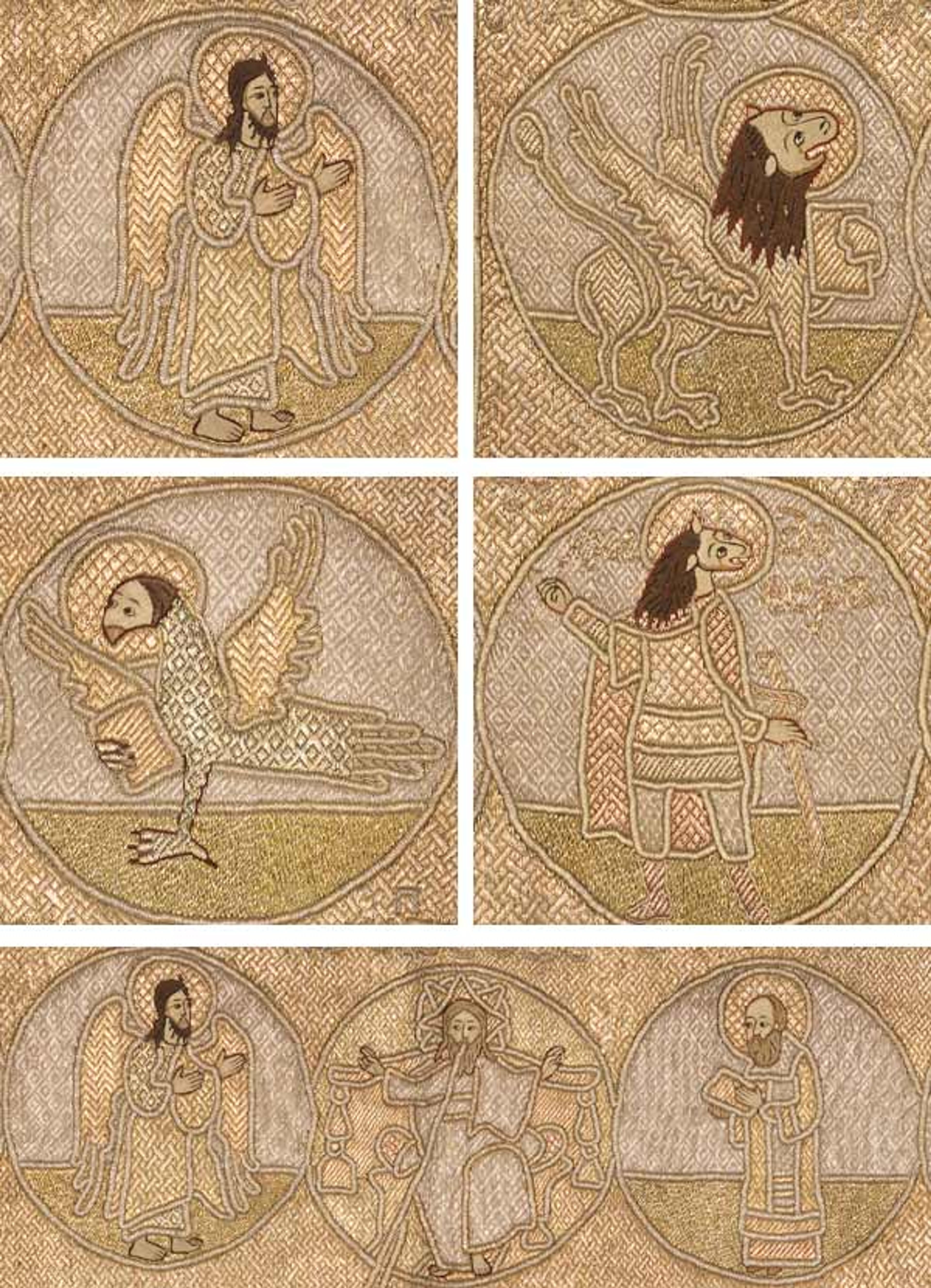 Detail views of 46.191, depicting (clockwise from top left): Saint John the Baptist, Saint John, Saint Christopher, the Lord of Hosts, and Saint Mark