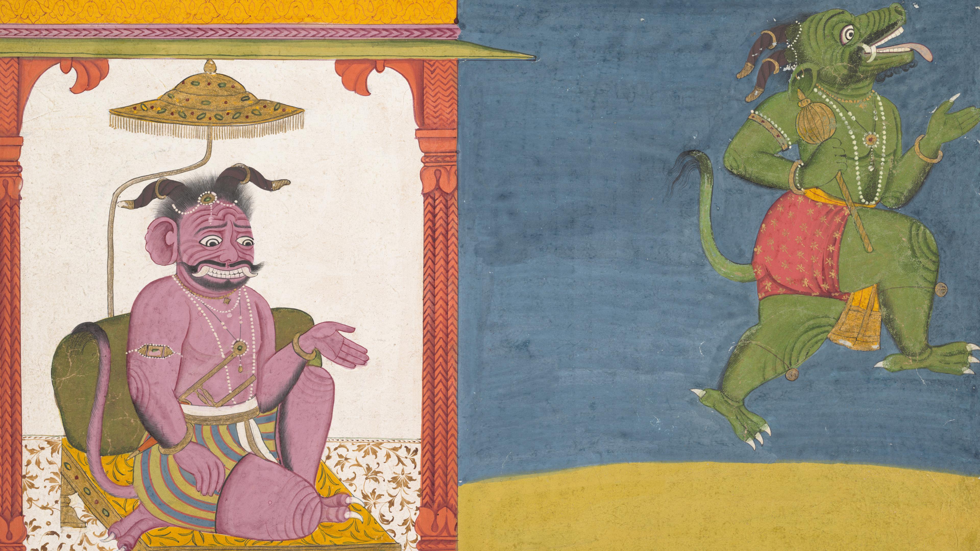 Watercolor with two panels. At left, a figure seated in a palace, shaded by an umbrella with leaves on the floor. At right, Hiranyaksha departs the palace.