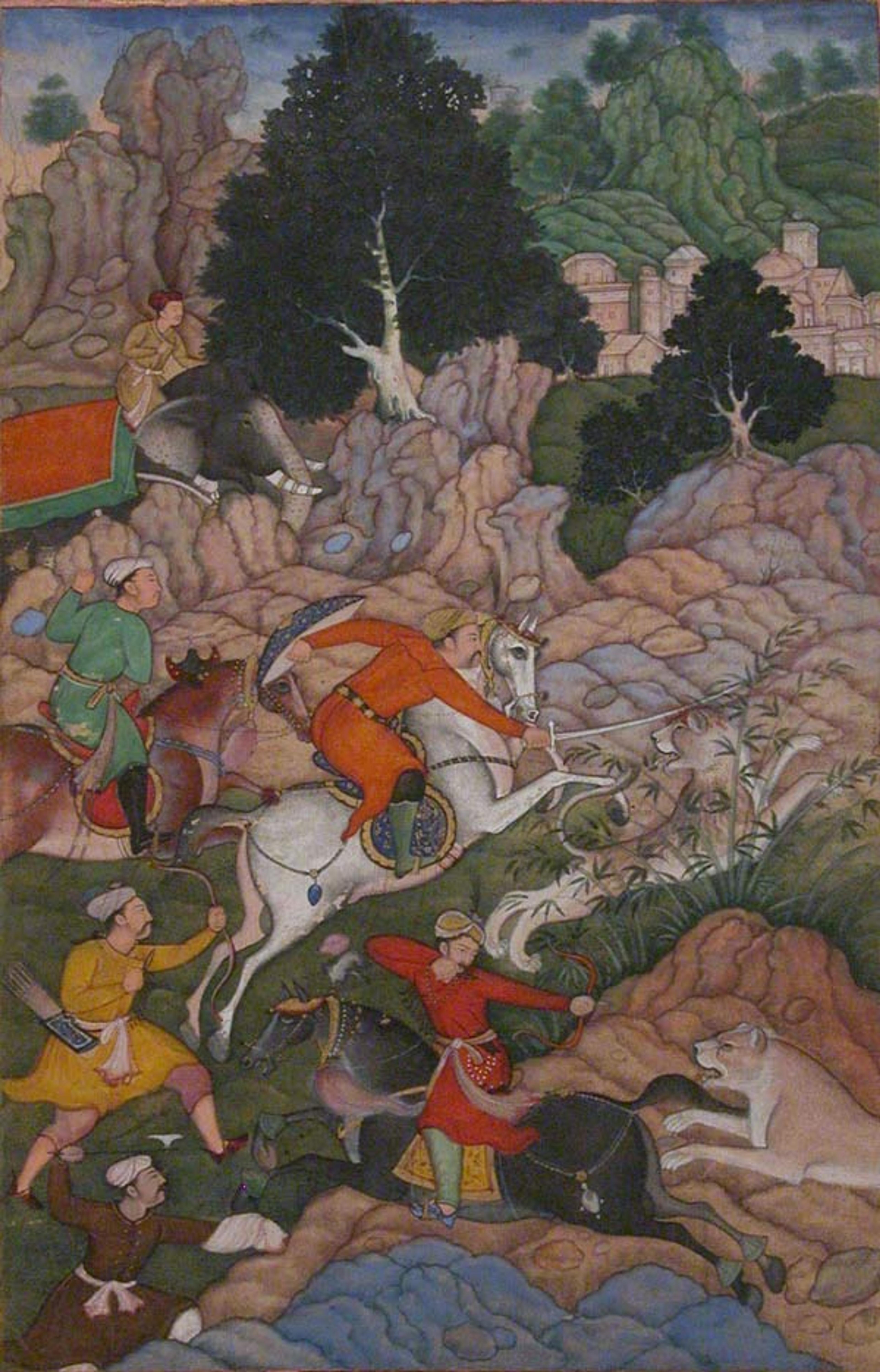 "Akbar Hunting," folio from an Akbarnama (History of Akbar), late 16th century. Present-day Pakistan, probably Lahore. Islamic. Opaque watercolor, ink, and gold on paper; Painting: 7 1/2 x 4 7/8 in. (19.1 x 12.4 cm). The Metropolitan Museum of Art, New York, Rogers Fund, 1911 (11.39.2)