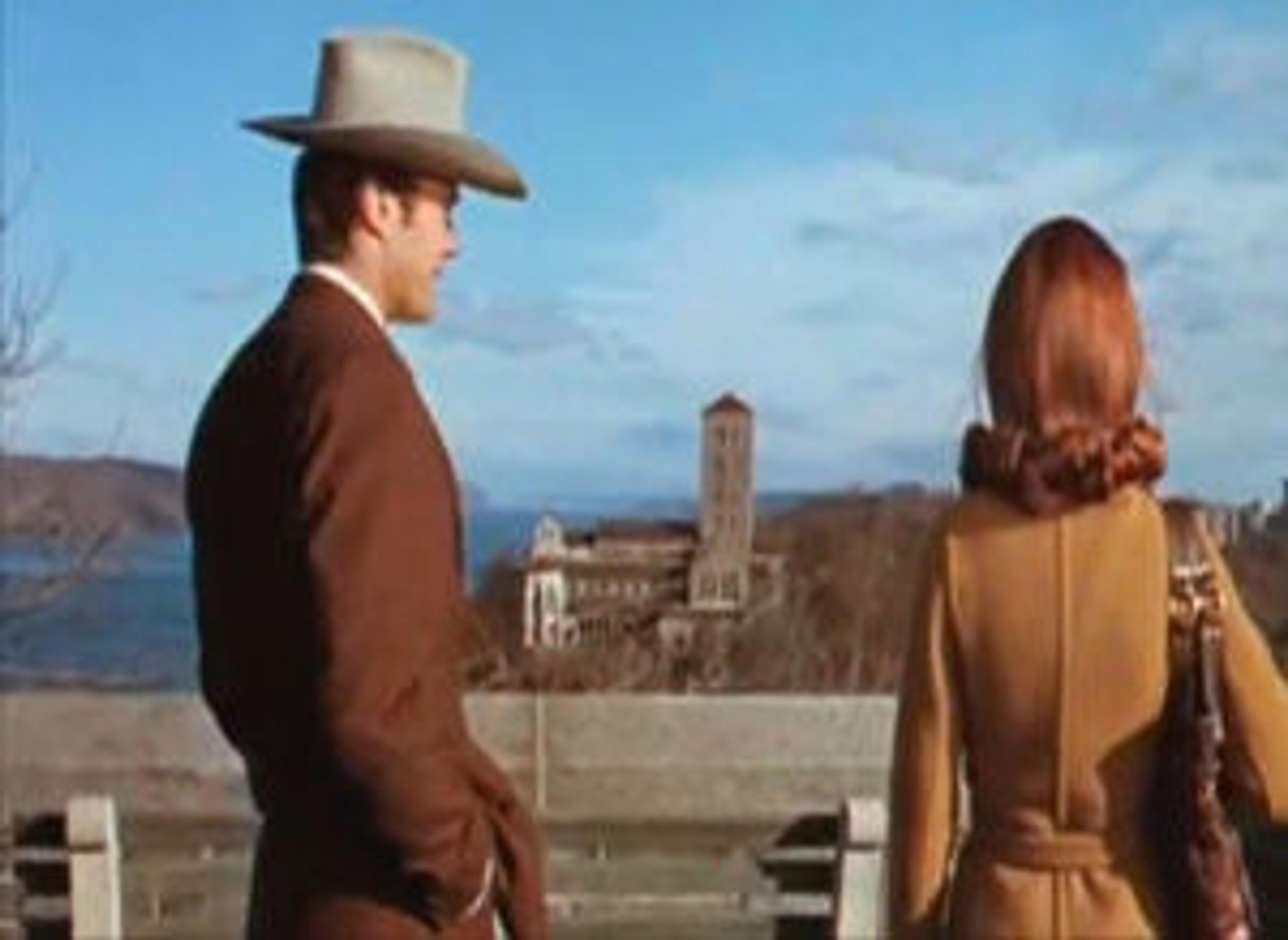 Clint Eastwood and Susan Clark take in the view of The Cloisters from the Linden Terrace of Fort Tryon Park in the 1968 film Coogan's Bluff.