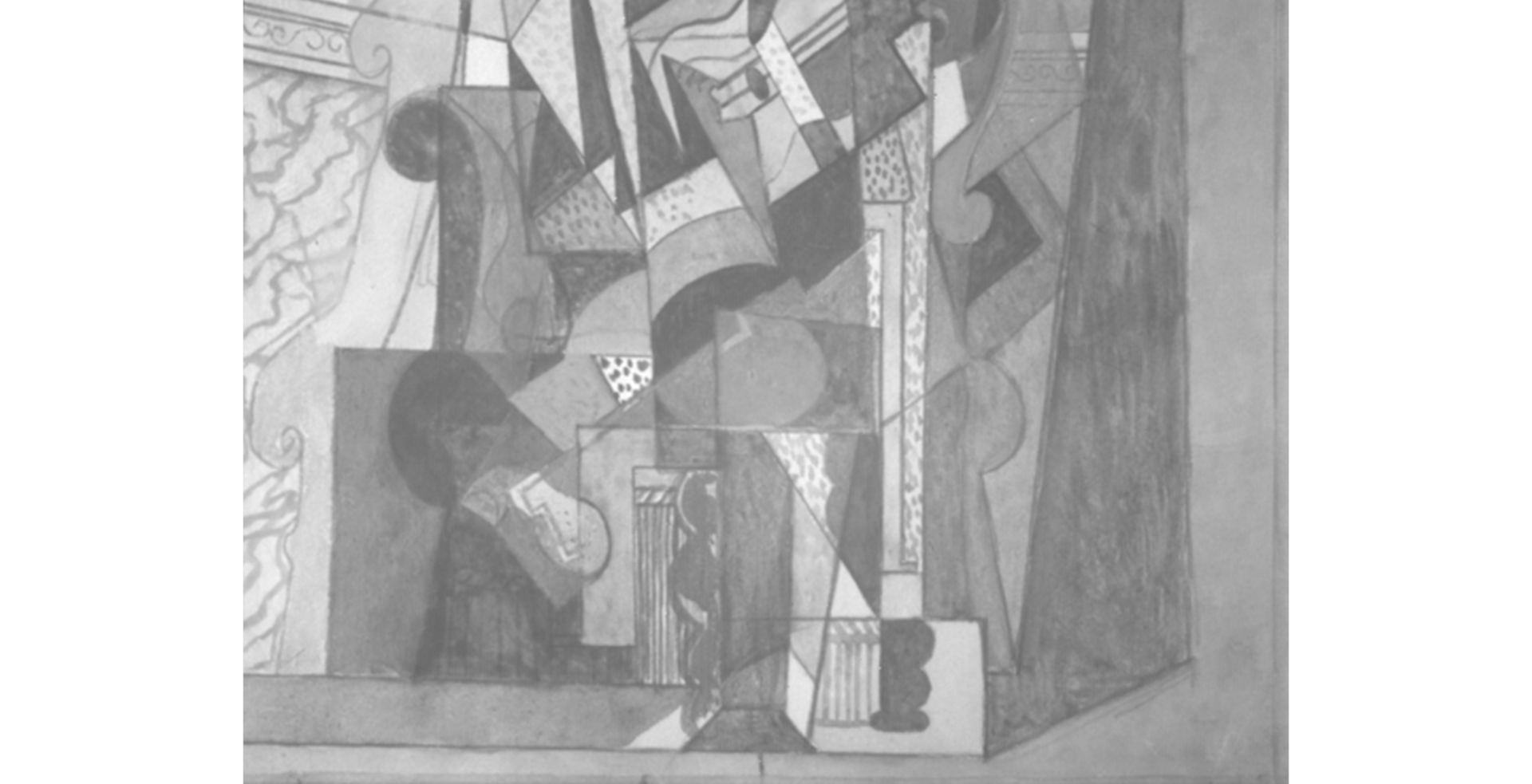 Lower half of Picasso’s “Man with a Guitar” in black and white which makes the graphite lines visible