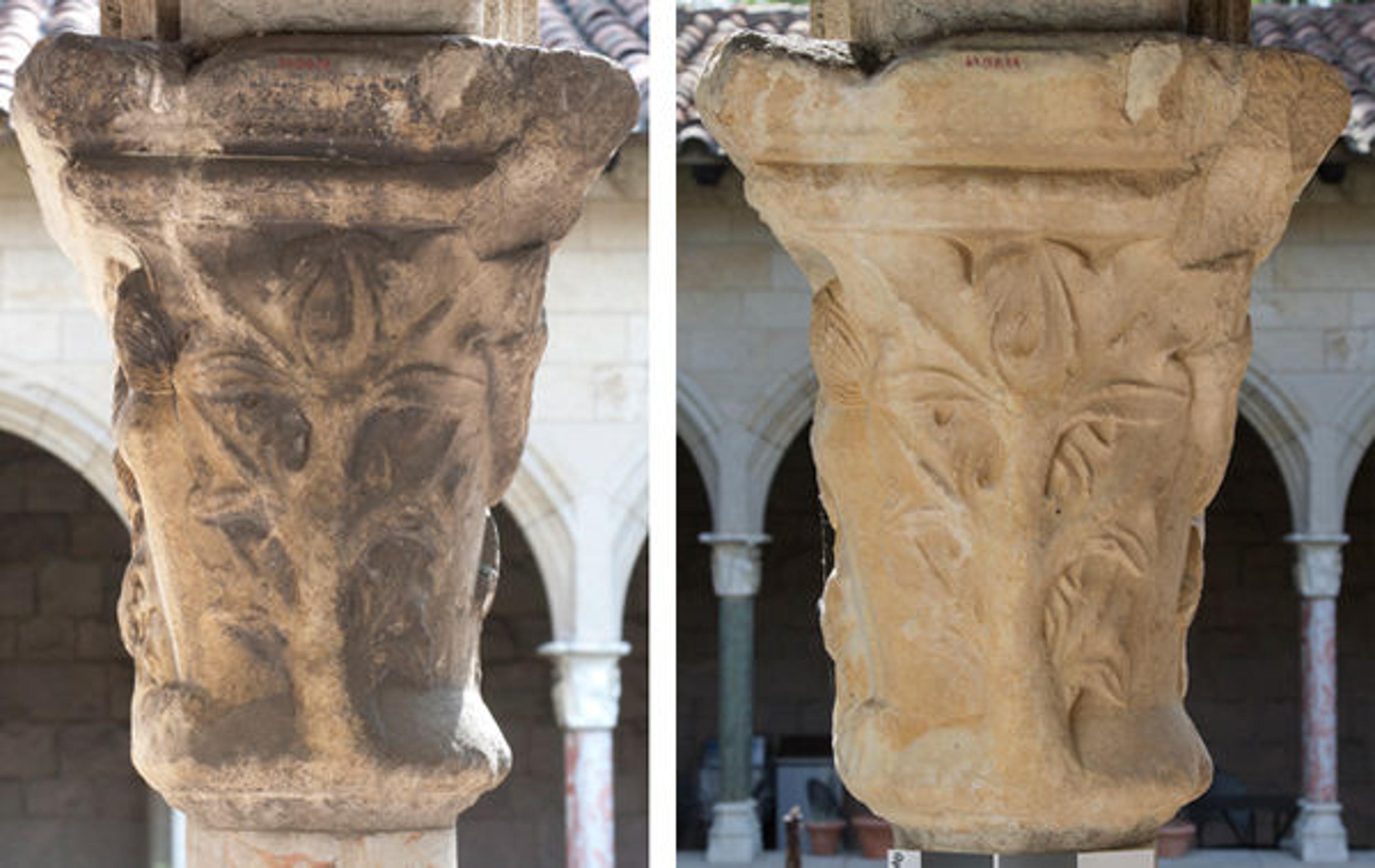 Capital 67.155.25, West arcade, Trie cloister before and after laser cleaning