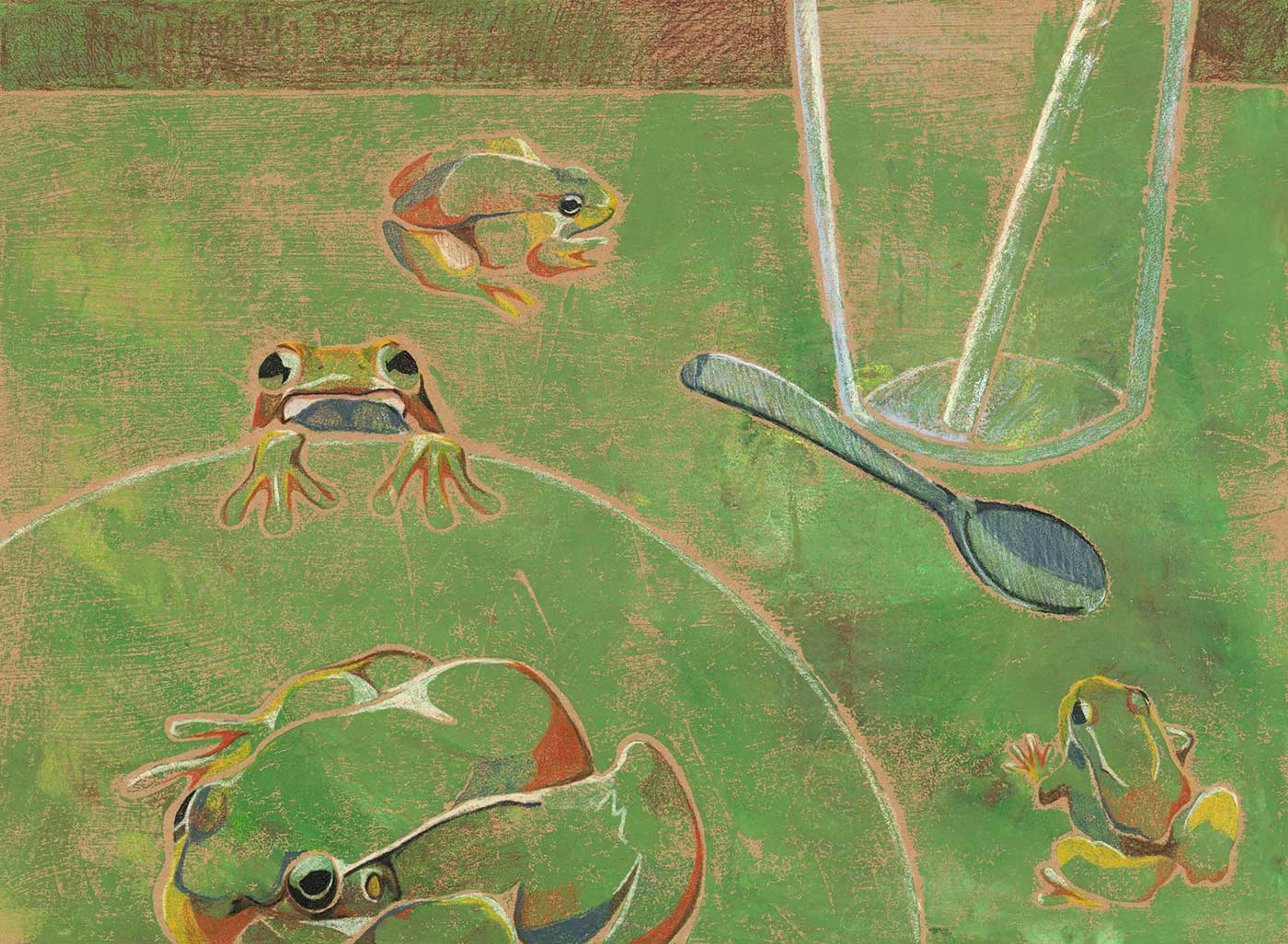 Drawing of four frogs on a green table with a plate, glass, and spoon.