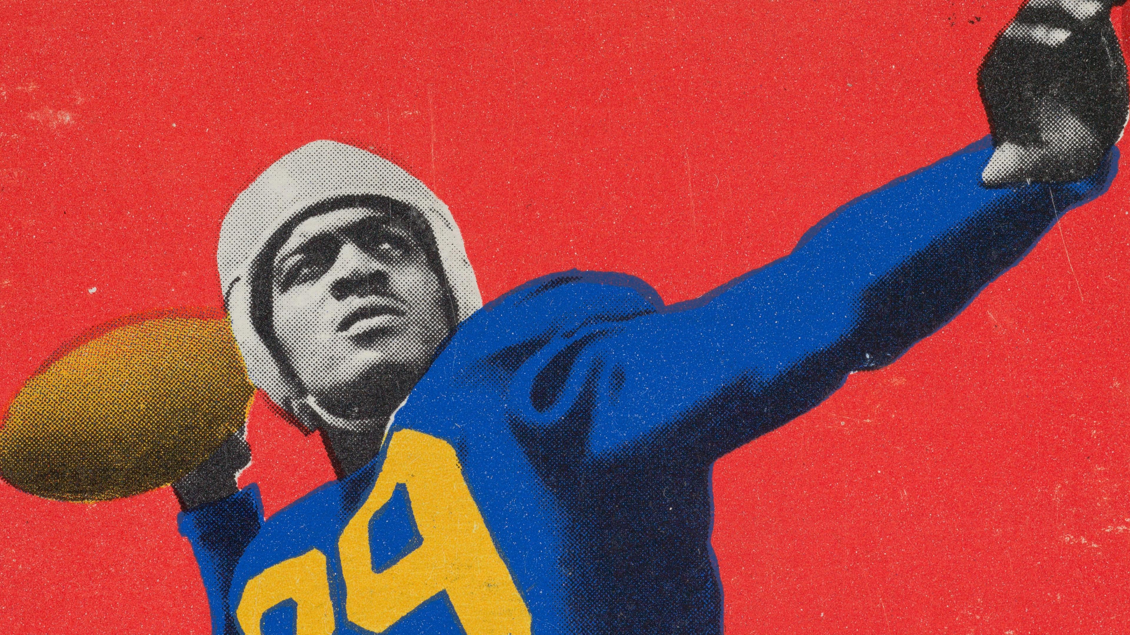 Sports card of football player Kenny Washington in bold primary colors