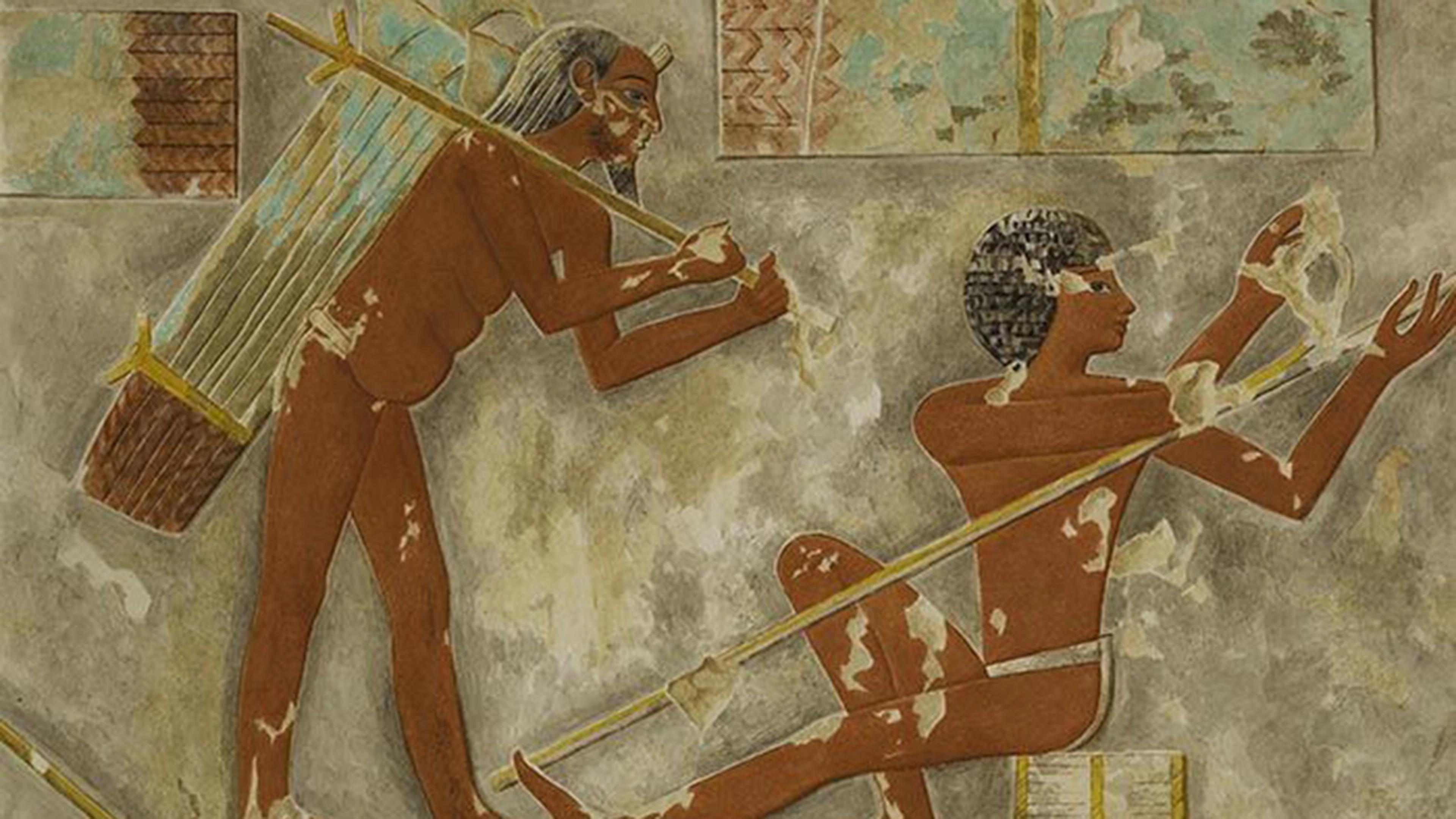 Facsimile painting copy of a detail from a scene of men harvesting and working papyrus from the tomb of Puyemre