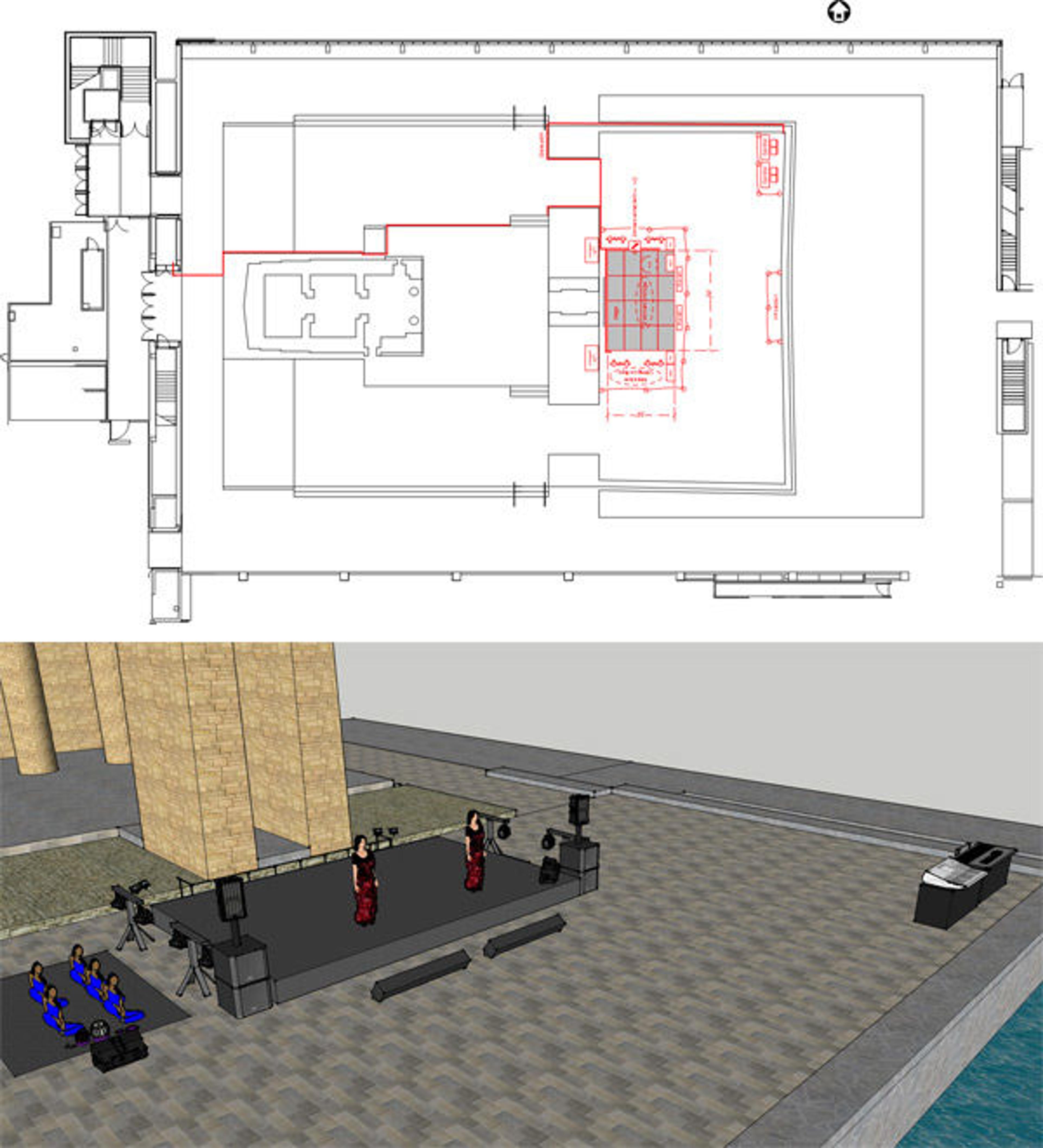 Top: Diagram of The Temple of Dendur with a proposed layout of staging, sound, and light boards for Nrityagram, held on January 10, 2015. Bottom: A 3D image of the production setup.