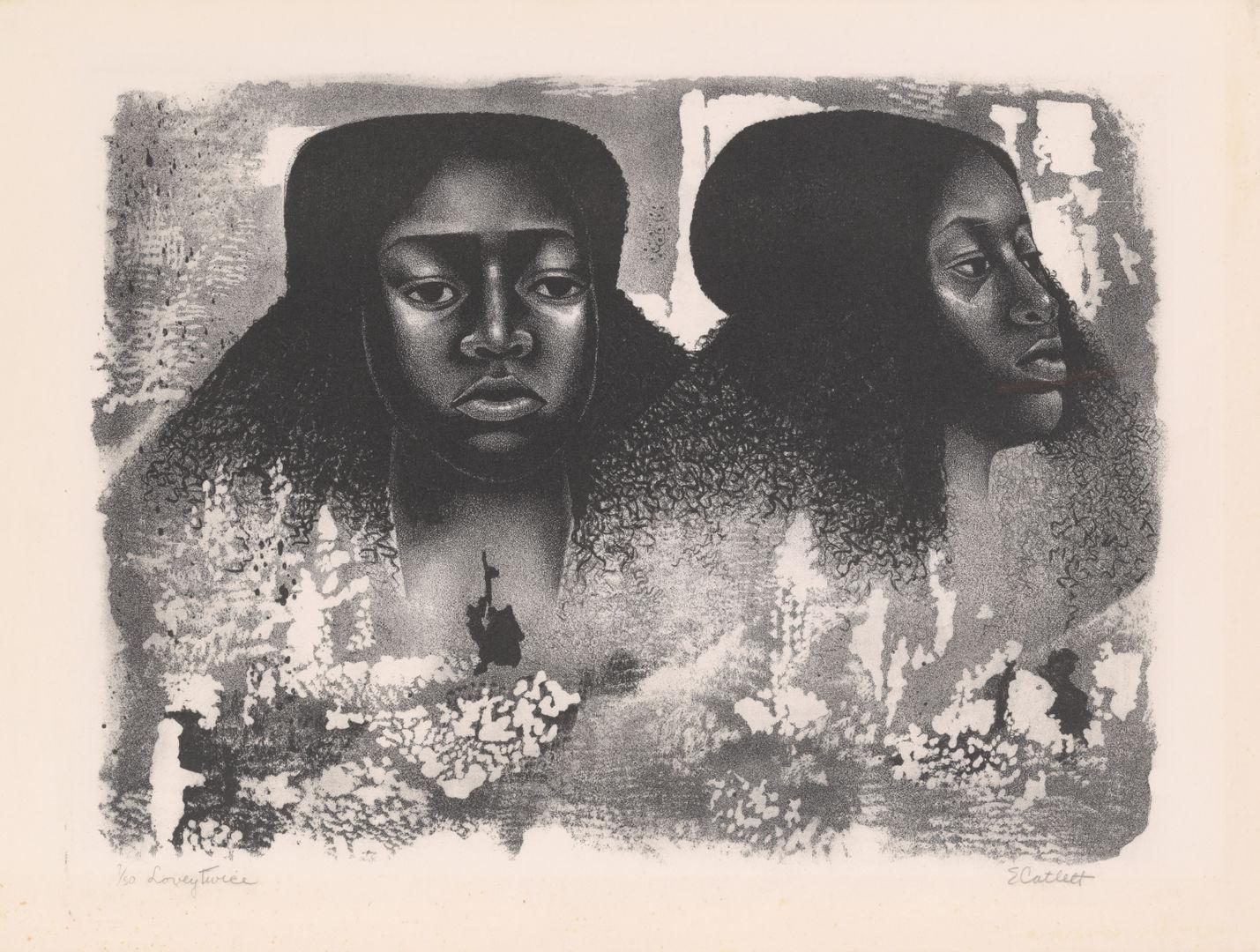 Lithograph showcasing a detailed portrait of a woman shown both head-on and from the side.