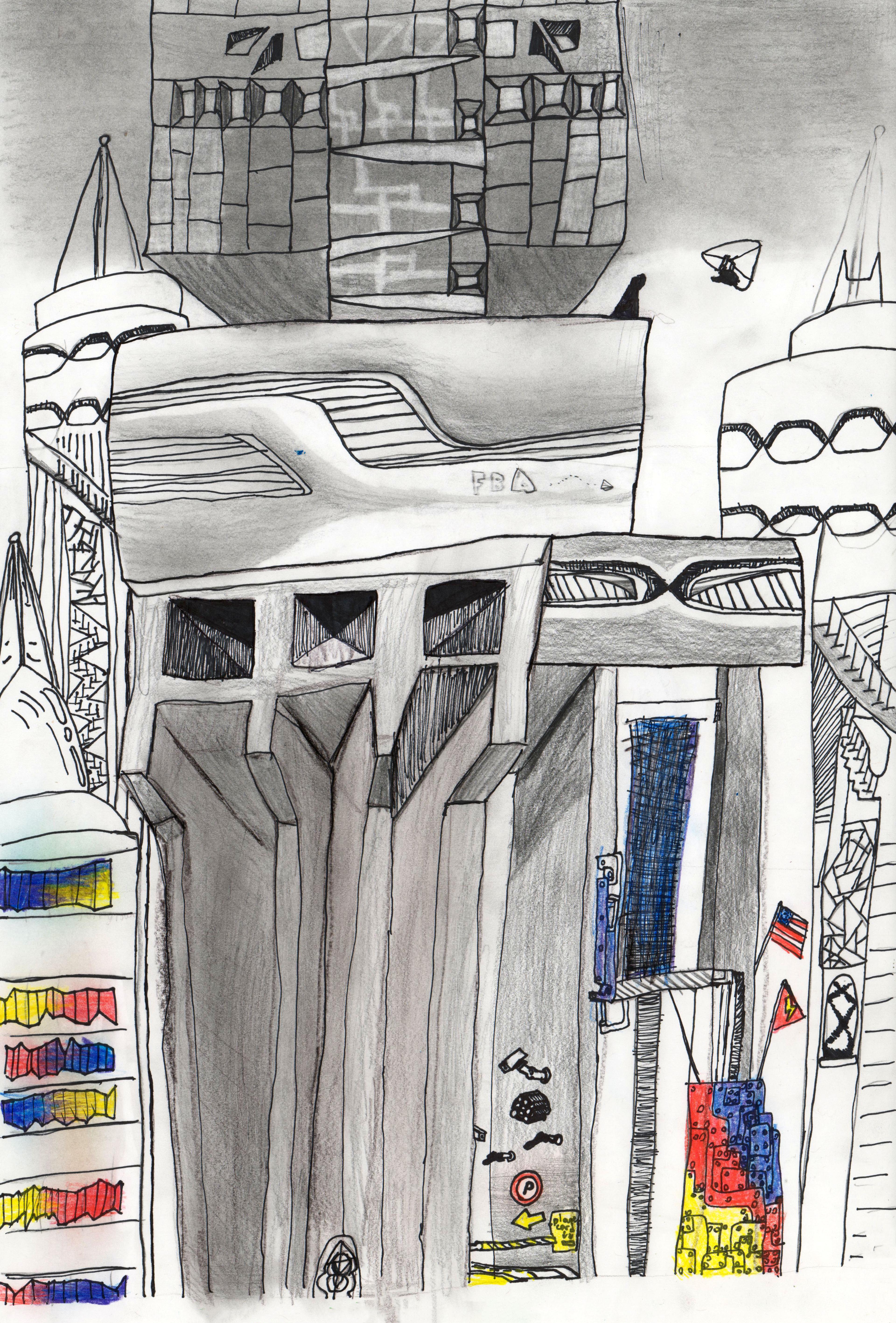 Graphite-and–colored pencil illustration of a tall indoor car parking lot building with an airplane parking lot on the roof. Above the airplane lot is an apartment building rising up out of the top of the frame. The buildings are gray, with lighter colored skyscrapers in the background at left and right. Small parking signs and a surveillance camera are shown near the bottom center of the image. A small American flag and red triangular flag hang from poles near the bottom and to the right. Small rows and columns of red, yellow, and blue windows adorn the buildings at the bottom left and right areas of the illustation.