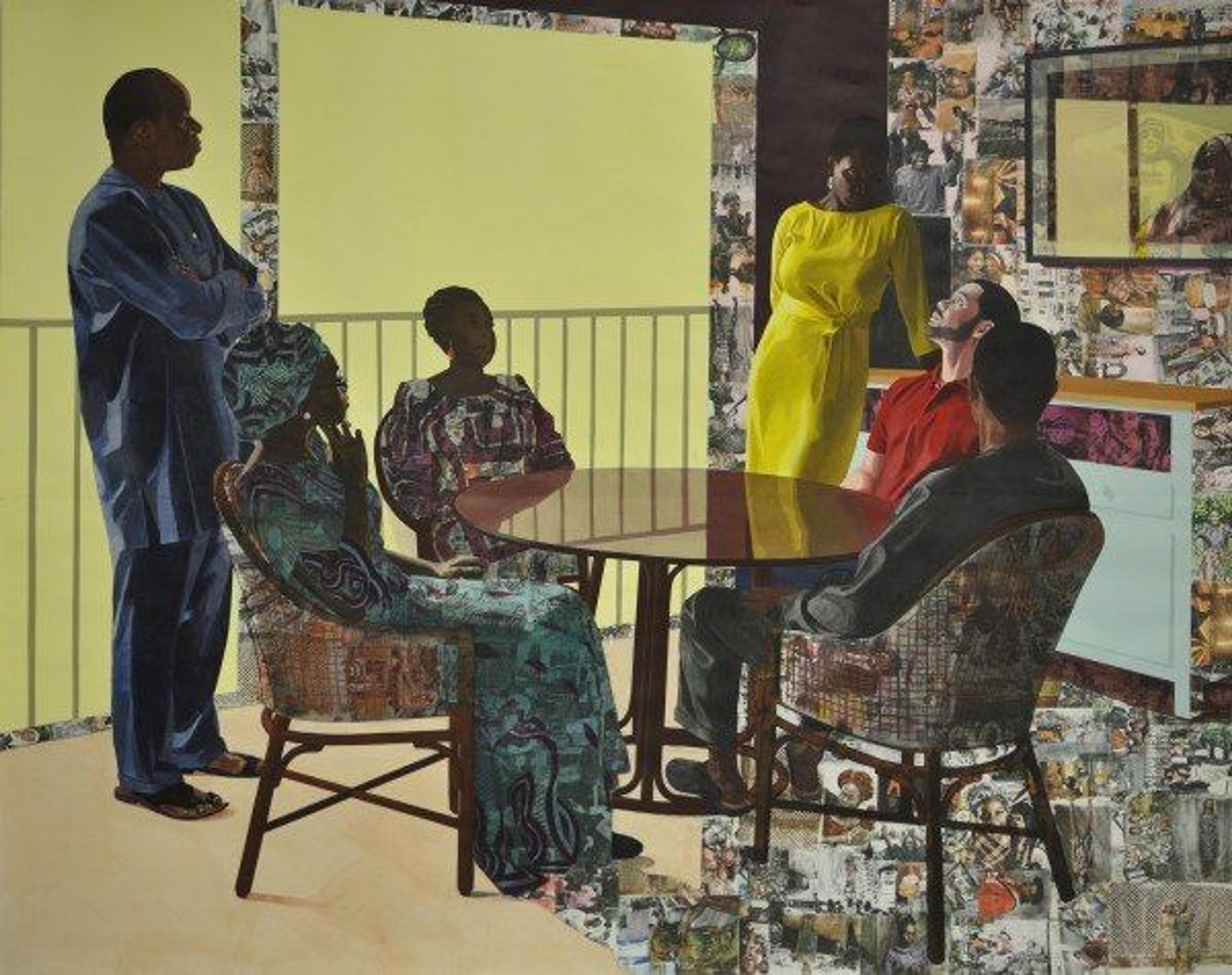A painting of six figures gathering around a table