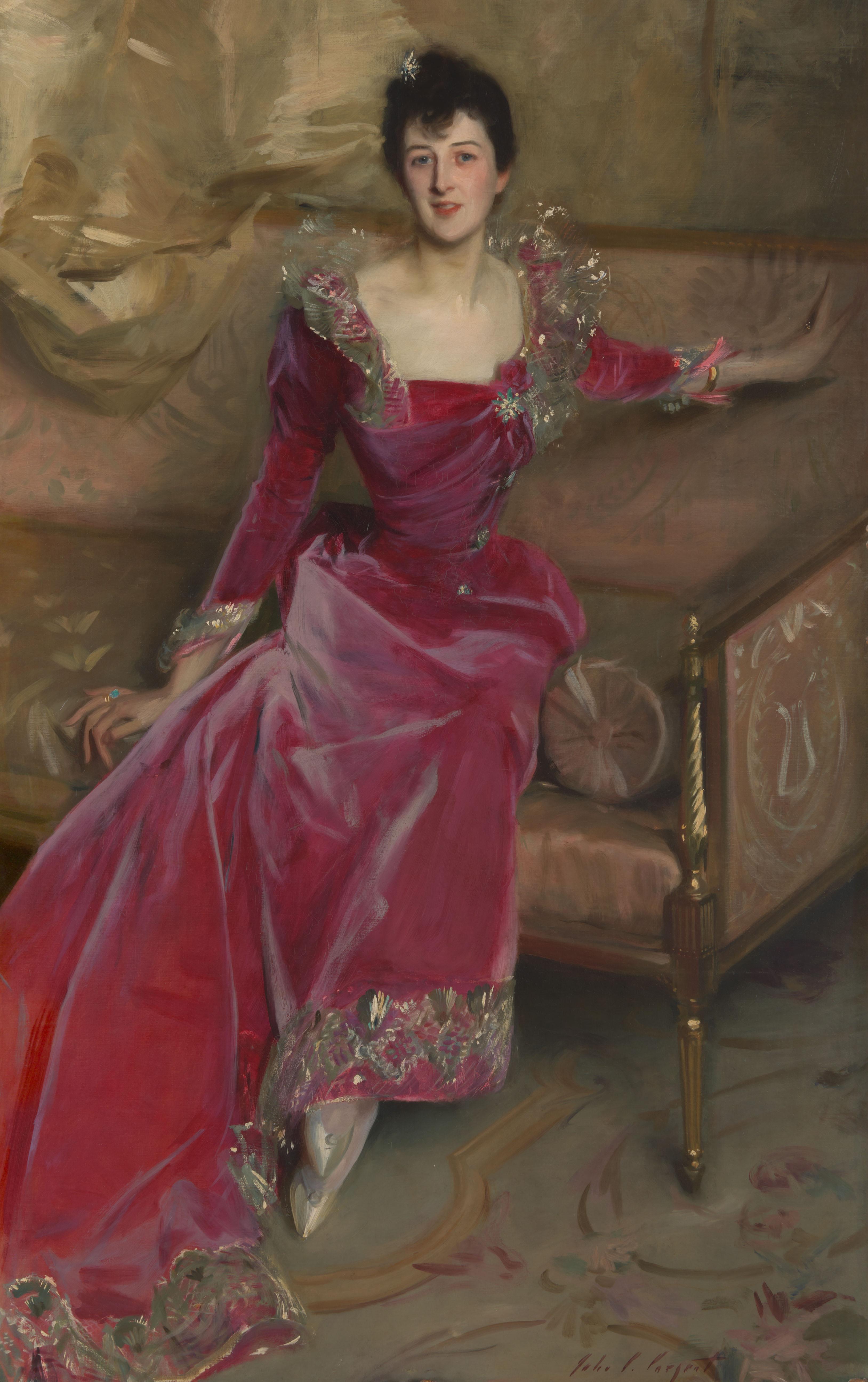 A painting of a woman in a vibrant pink gown seated on a sofa.