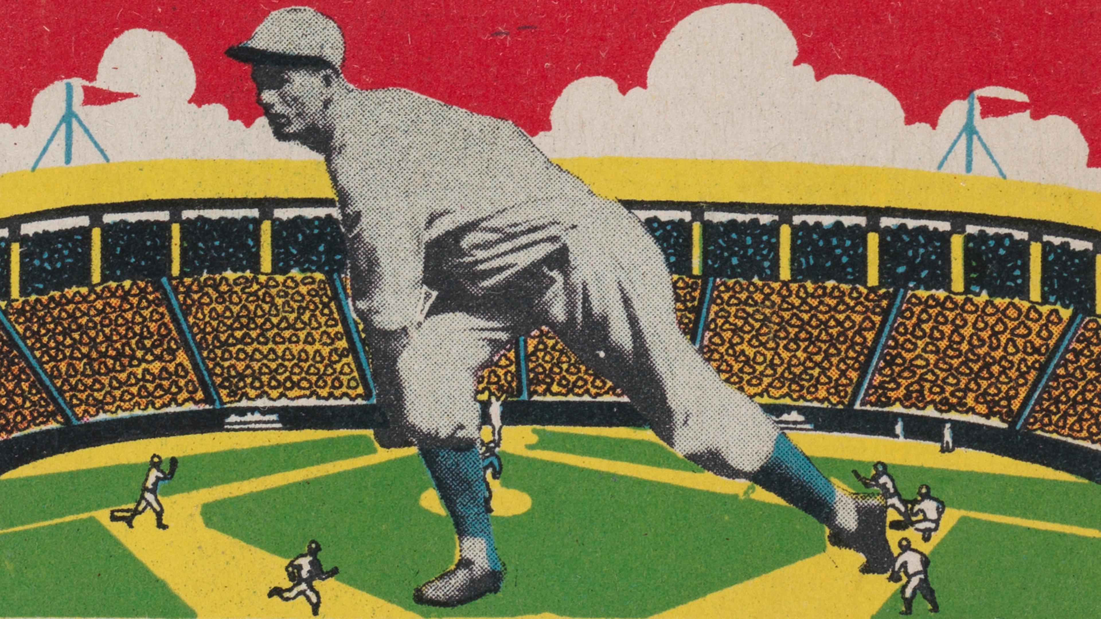 A baseball player in a deep lunge superimposed atop a cartoon background of a baseball field