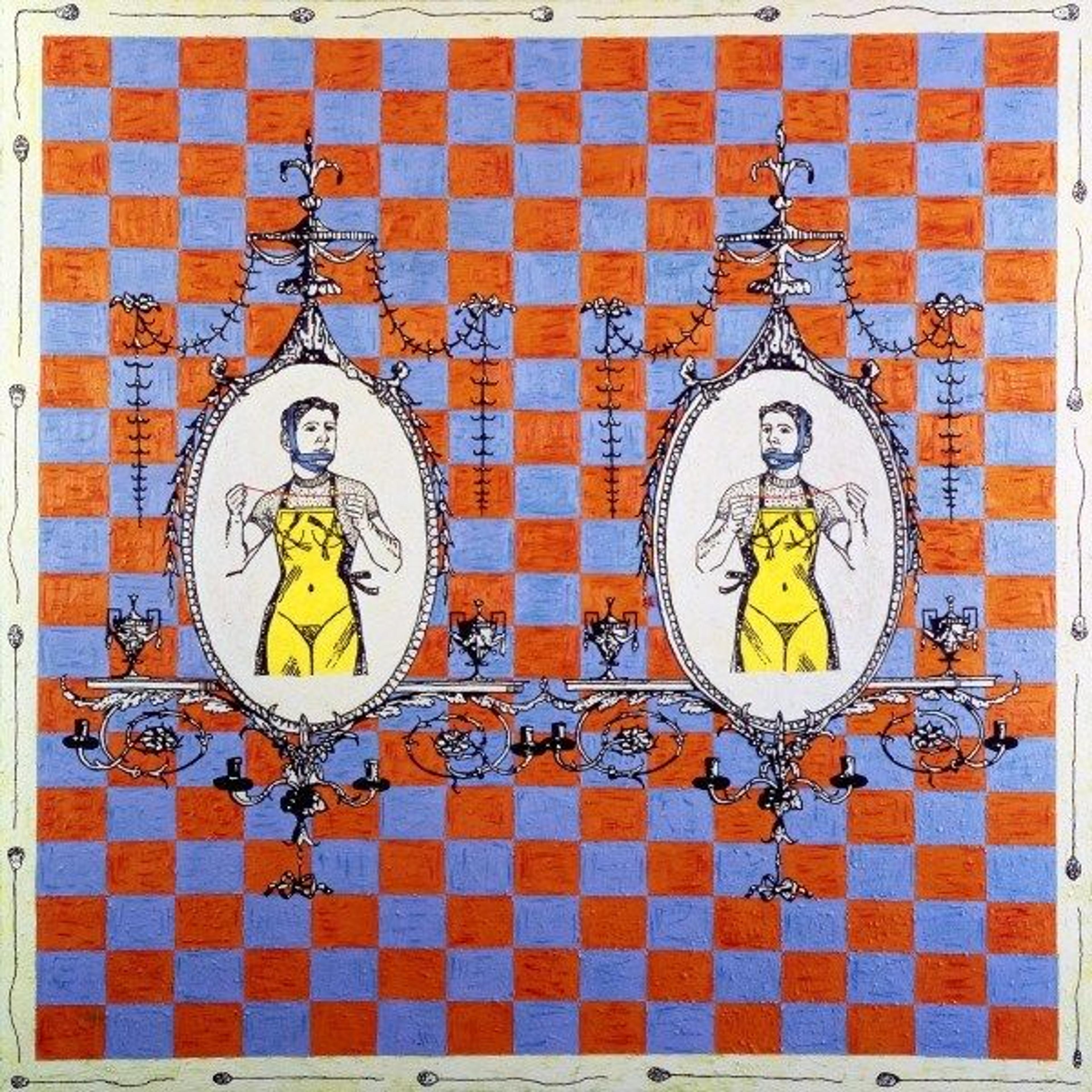 A brightly colored painting with a checkerboard pattern and two ovals with figures inside of them