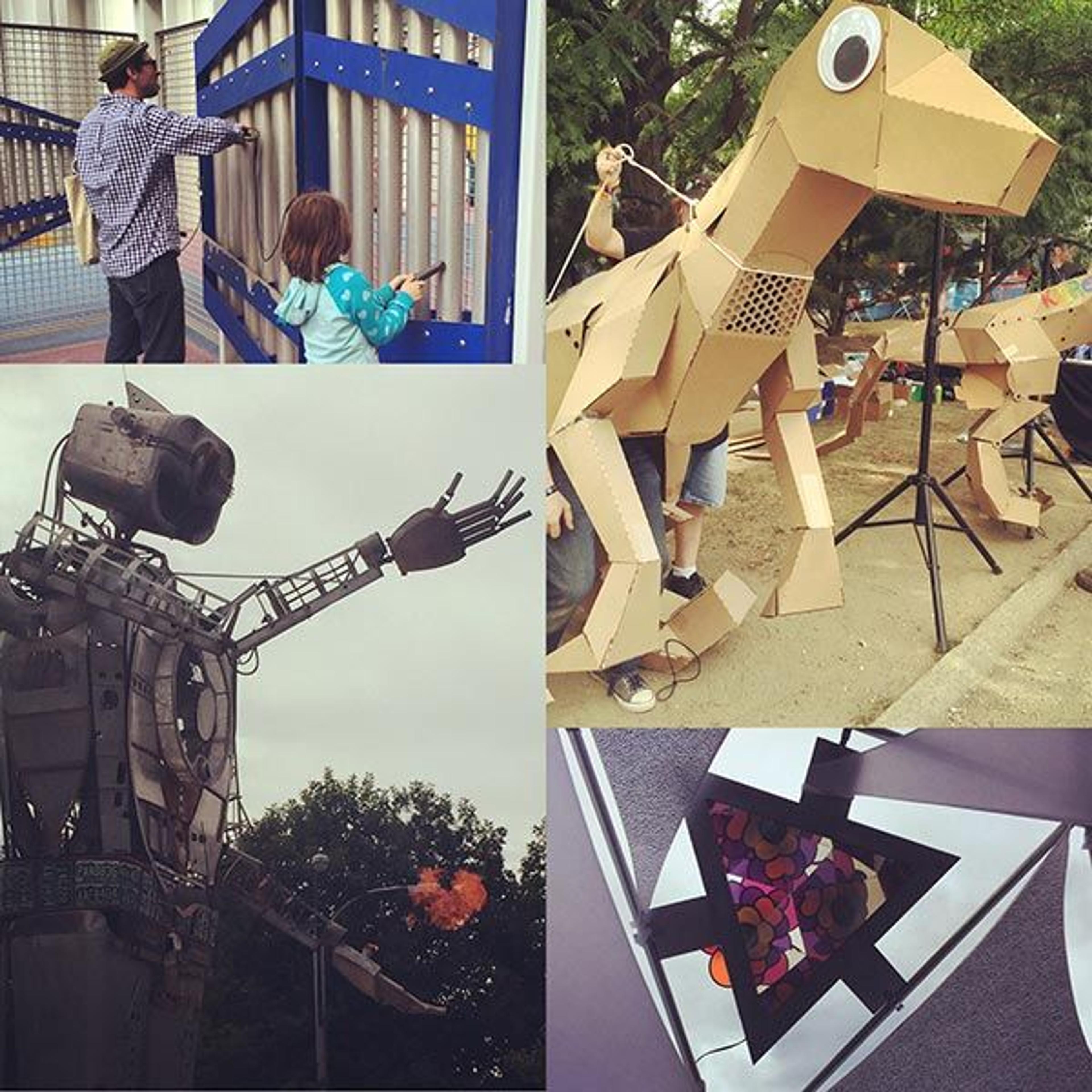Collage from exhibits at the Maker Faire showing a tubular instrument, robots, and a kaleidoscope.