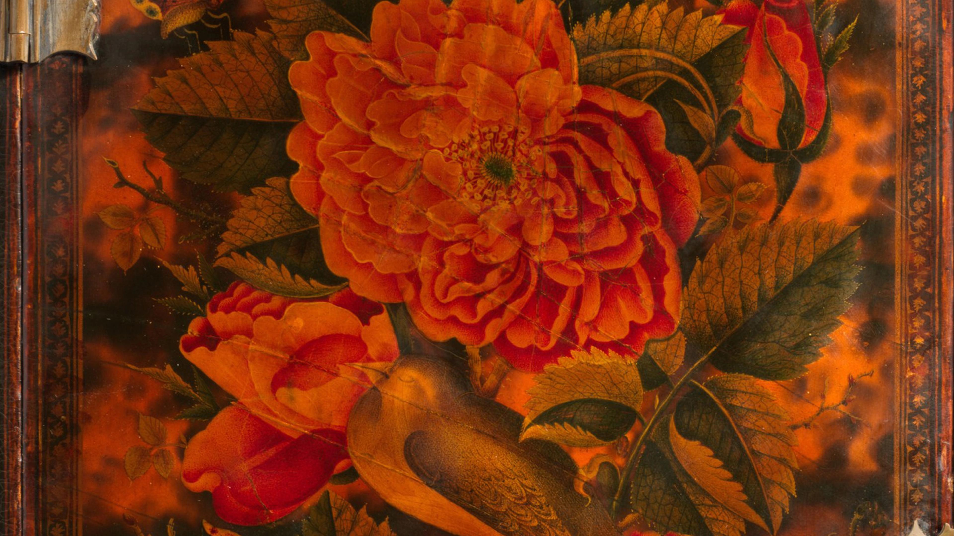 A vibrant floral painting featuring large, vivid orange flowers and detailed green leaves. 