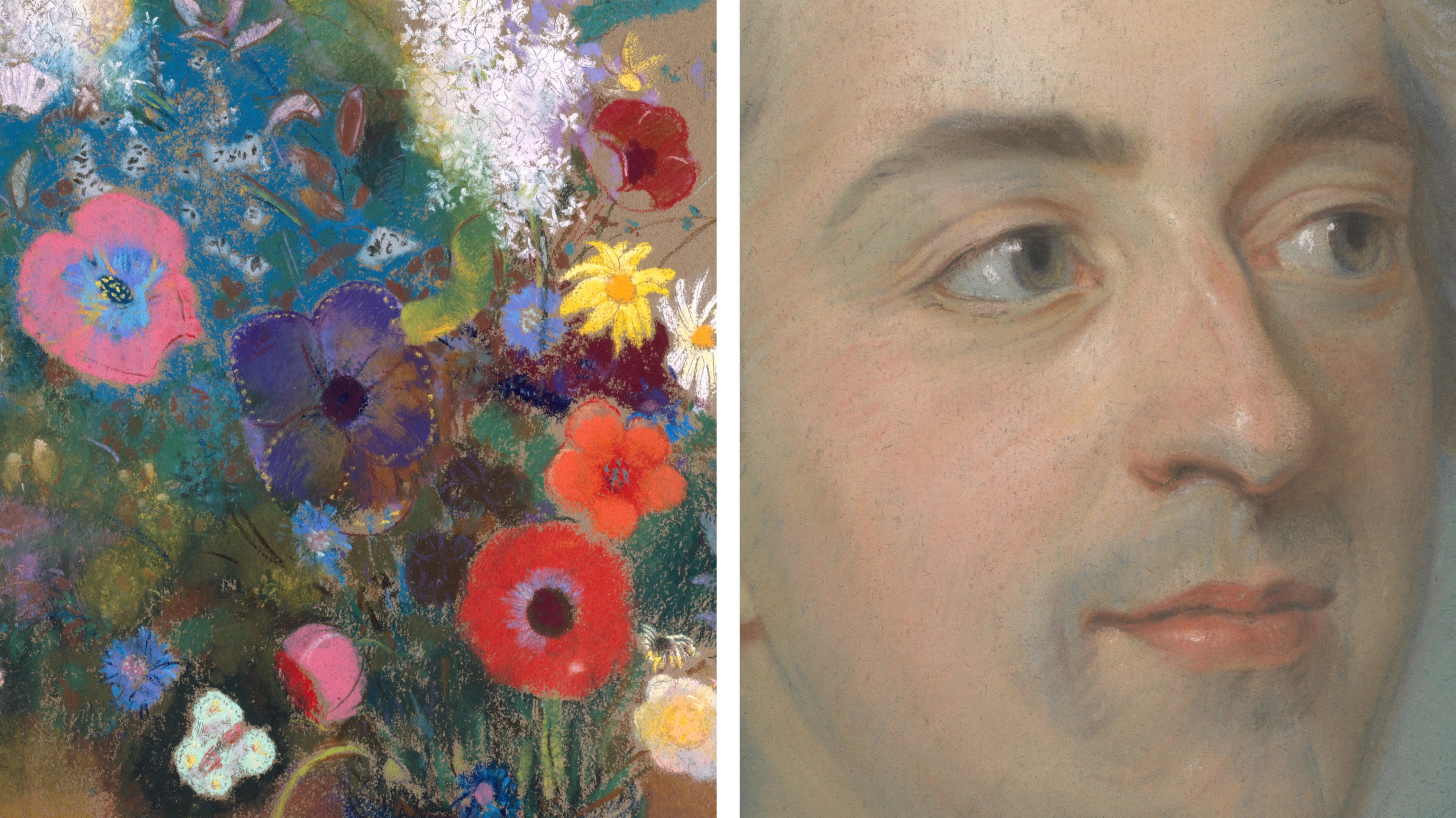Left: a very colorful, abstract pastel drawing of various flowers. Right: a photorealistic close-up image from a pastel drawing of a pale man's face looking to the left.